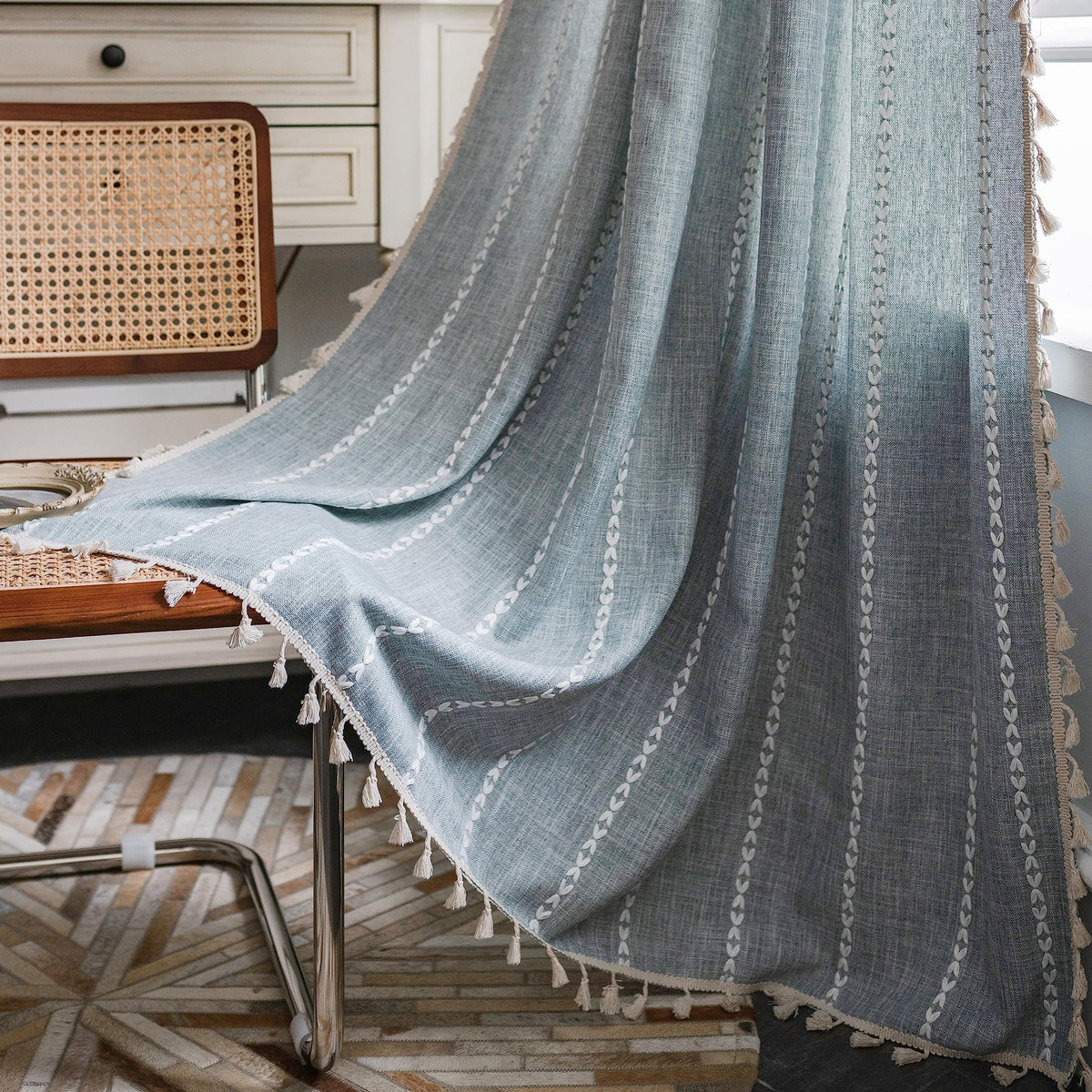 Sutuo Home Boho Curtain For Bedroom Nursery Room, Semi Blackout Linen Farmhouse Shabby Chic Tassels Window Treatment Bohemian Em