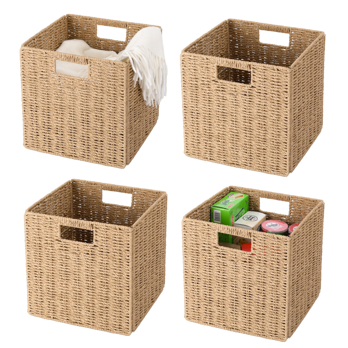 13 x 13 x 13 Wicker Storage Basket,Woven Paper Rope Wicker Baskets,Set of 4 Collapsible Square Organizers,Foldable Cube Stora