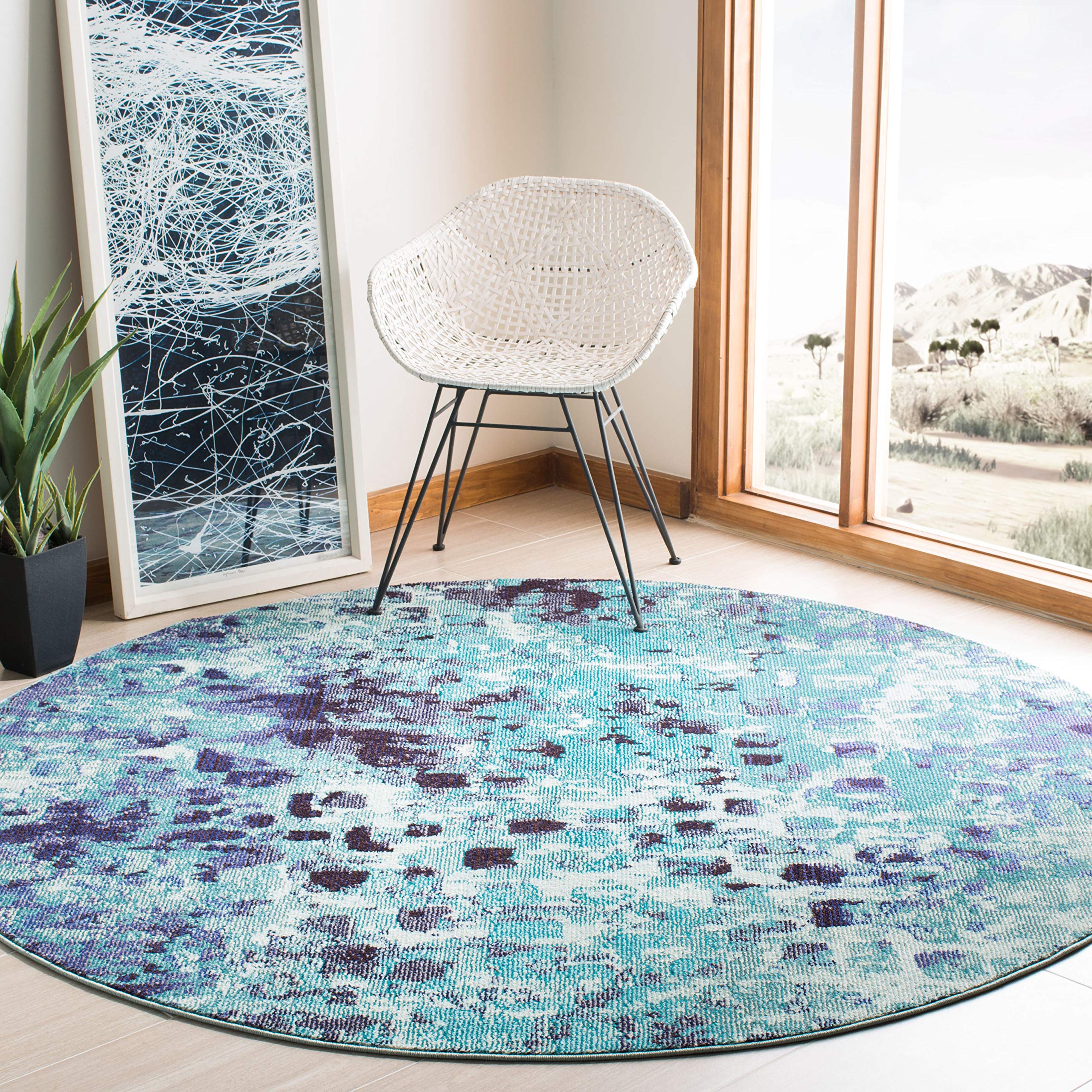 SAFAVIEH Madison Collection 5 Round Turquoise / Navy MAD425J Boho Abstract Distressed Non-Shedding Dining Room Entryway Foyer L