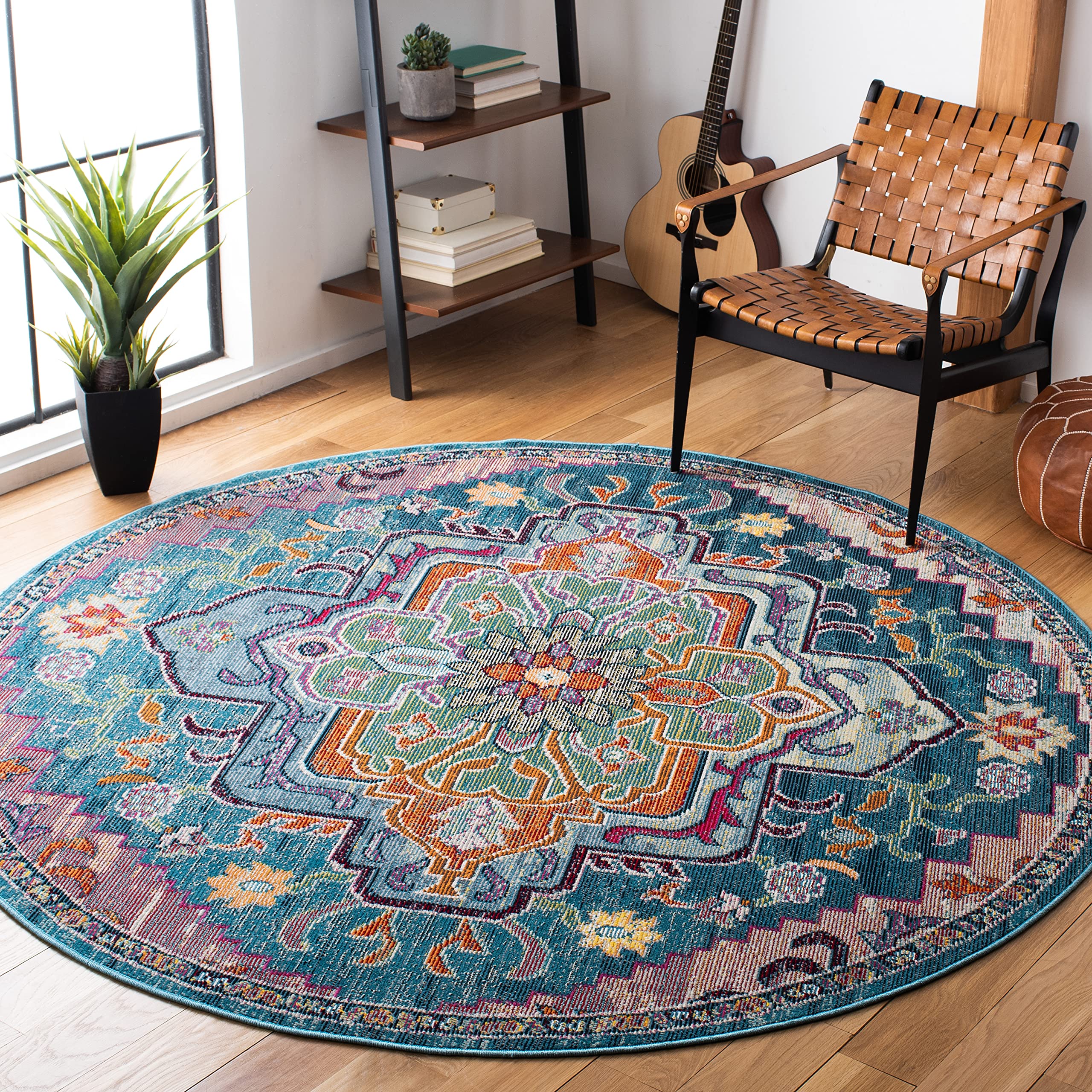 SAFAVIEH Crystal Collection Area Rug - 7 Round, Teal & Rose, Medallion Distressed Design, Non-Shedding & Easy Care, Ideal for H