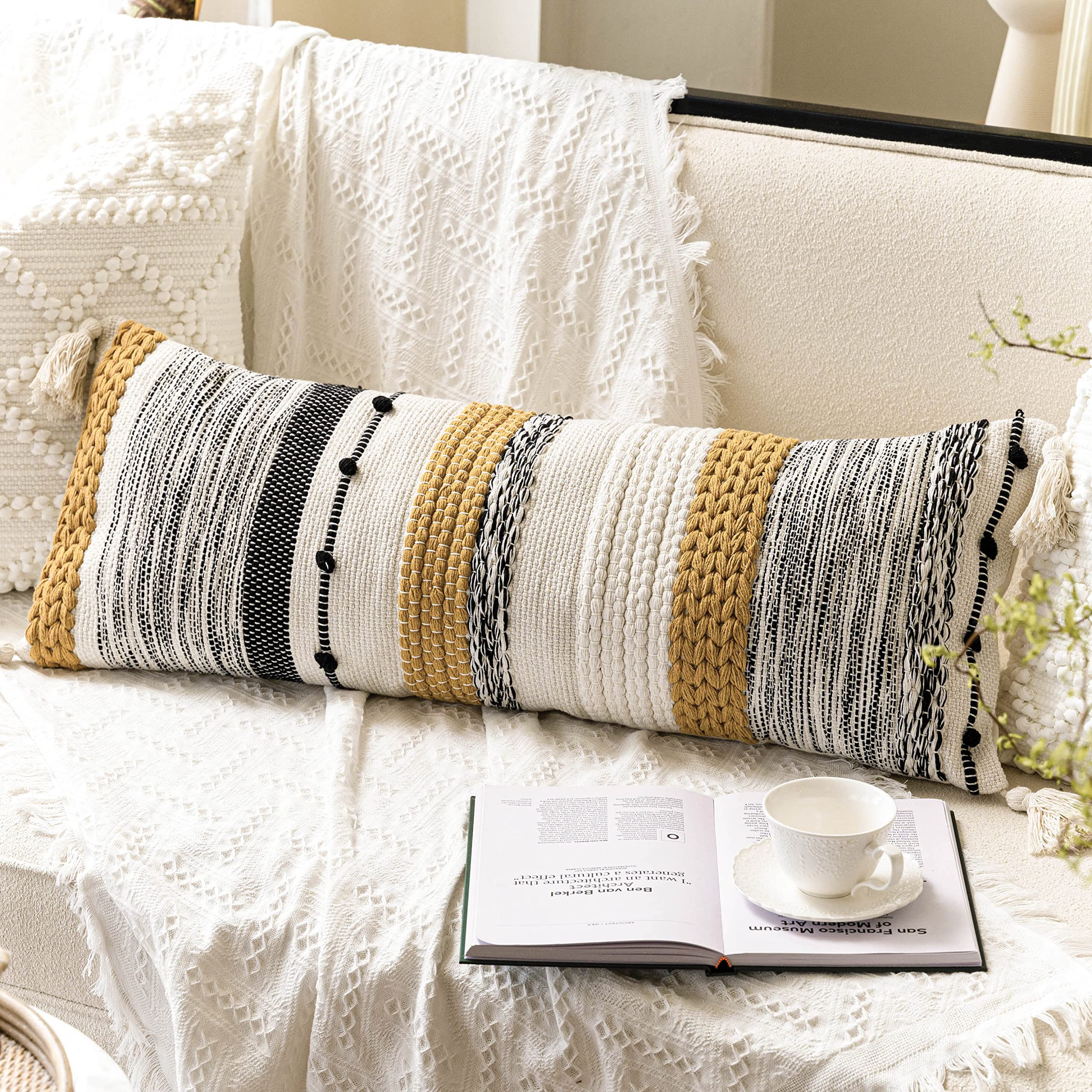 Blissblush Decorative Lumbar Throw Pillow Cover 14X36 Boho Long Cushion For Bed Mustard Beige Accent Farmhouse Pillowcase For Be