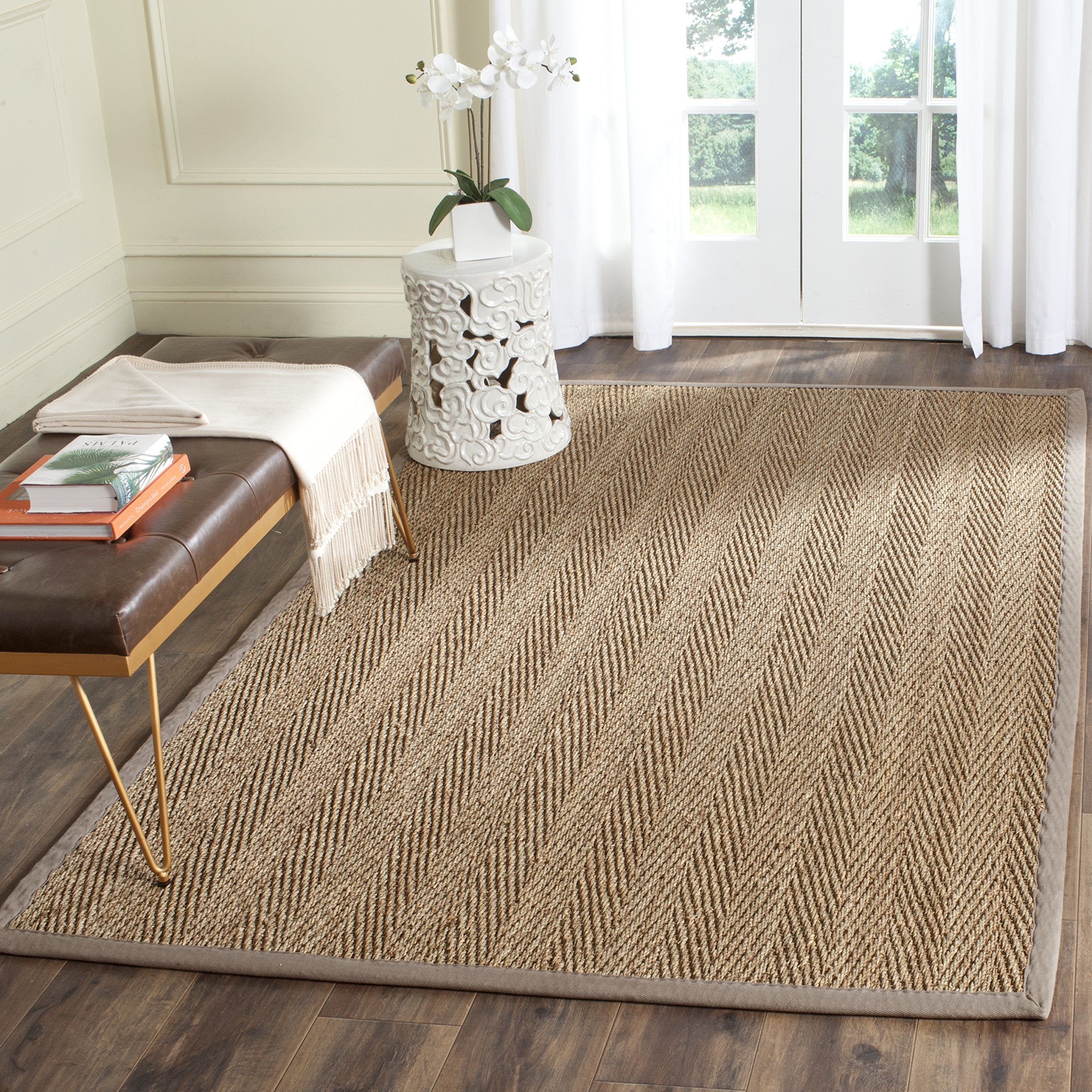 Safavieh Natural Fiber Collection Accent Rug - 3 x 5, Natural & Grey, Border Herringbone Seagrass Design, Easy Care, Ideal for