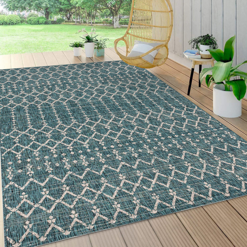 Jonathan Y Smb108C-5 Ourika Moroccan Geometric Textured Weave Indoor Outdoor Area-Rug, Bohemian, Rustic, Scandinavian Easy-Cleaning,Bedroom,Kitchen,Backyard,Patio,Non Shedding, Teal/Gray, 5 X 8
