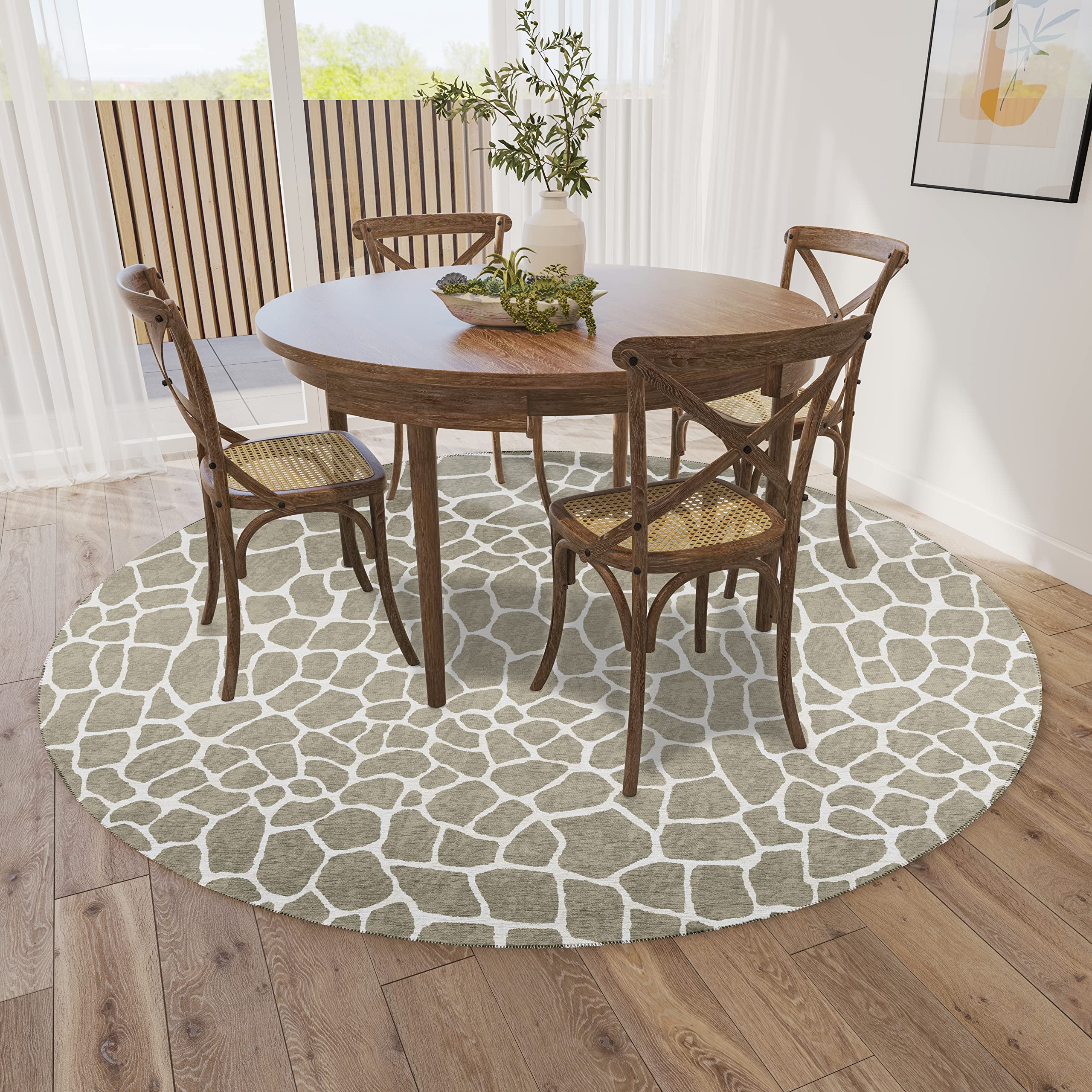 Addison Rugs Safari Asf34 Taupe Washable 8' X 8' Indoor Outdoor Round Rug, Easy Clean, Machine Washable, Non Shedding, Bedroom, Entry, Living Room, Dining Room, Kitchen, Patio Rug