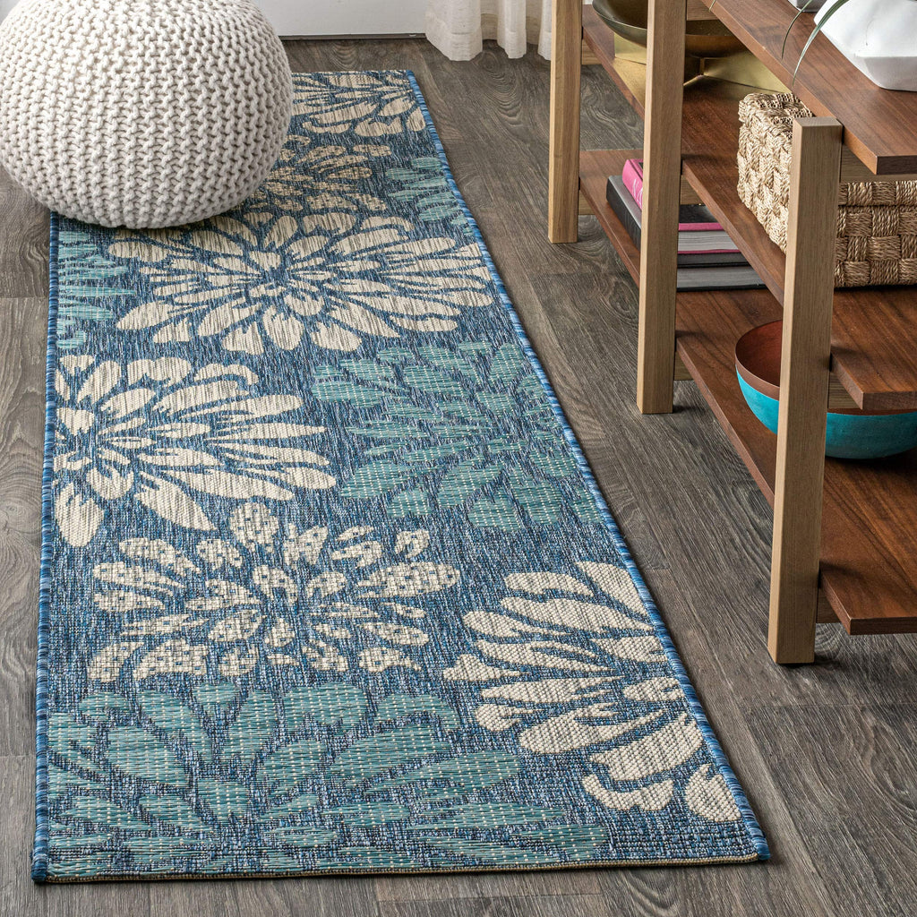 Jonathan Y Smb110C-214 Zinnia Modern Floral Textured Weave Indoor/Outdoor Runner Rug, Bohemian, Coastal, Transitional For Bedroom, Kitchen, Living Room, Easy-Cleaning, Navy/Aqua, 2 Ft. X 14 Ft.