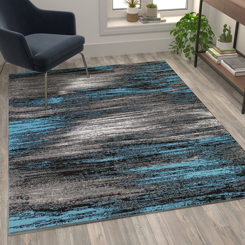 Flash Furniture Rylan Collection Abstract Area Rug - Scraped Design Blue Olefin Rug - 5' X 7' Area Rug - Jute Backing - Living Room, Bedroom, & Family Room