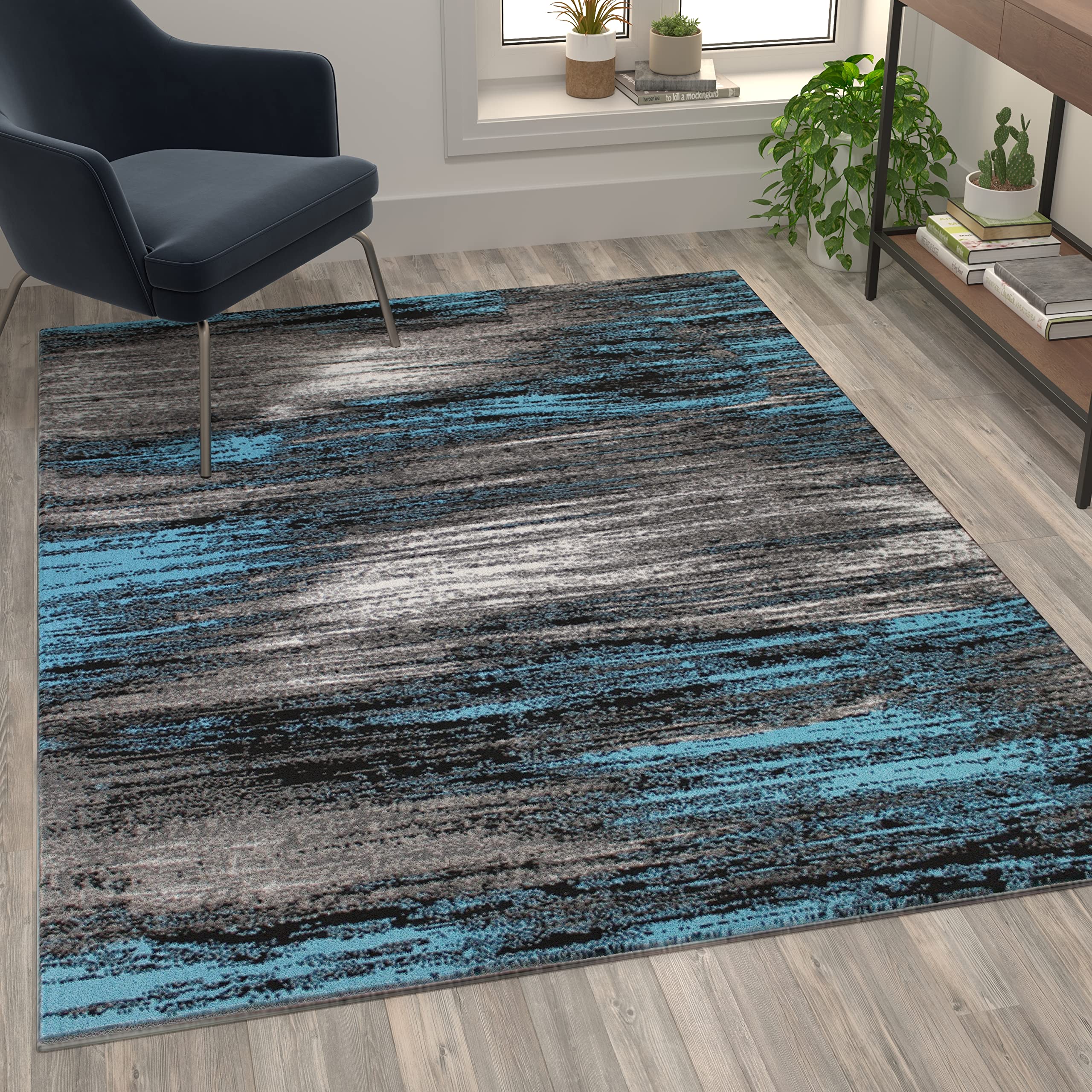 Flash Furniture Rylan Collection Abstract Area Rug - Scraped Design Blue Olefin Rug - 5' X 7' Area Rug - Jute Backing - Living Room, Bedroom, & Family Room