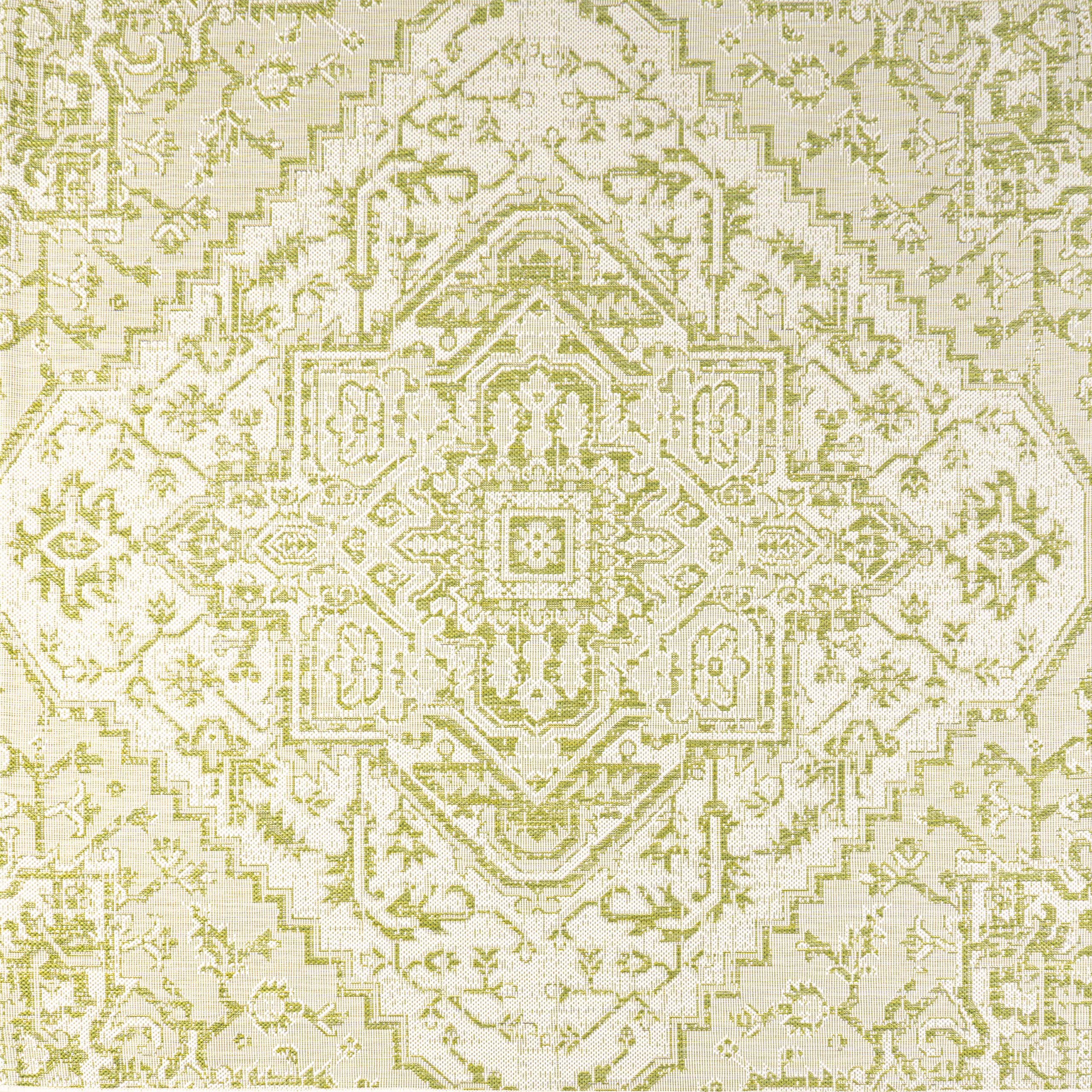 Jonathan Y Smb105E-5Sq Estrella Bohemian Medallion Textured Weave Indoor Outdoor Area Rug, Coastal,Traditional,Transitional Easy Clean,Bedroom,Kitchen,Backyard,Patio, Non-Shed, Cream/Green, 5' Square