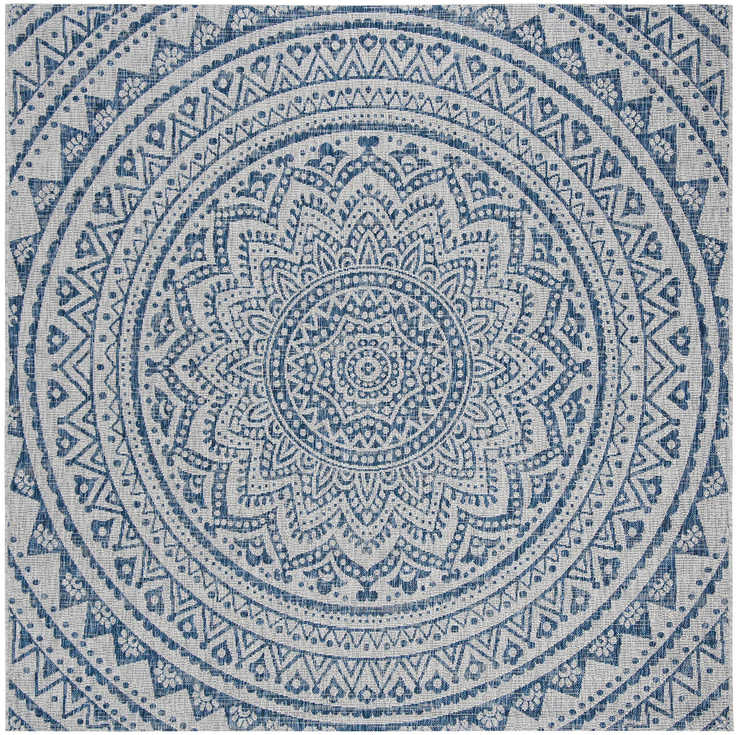 Safavieh Courtyard Collection 6'7' Square Light Grey/Blue Cy8734 Indoor/ Outdoor Waterproof Easy Cleaning Patio Backyard Mudroom Area Rug