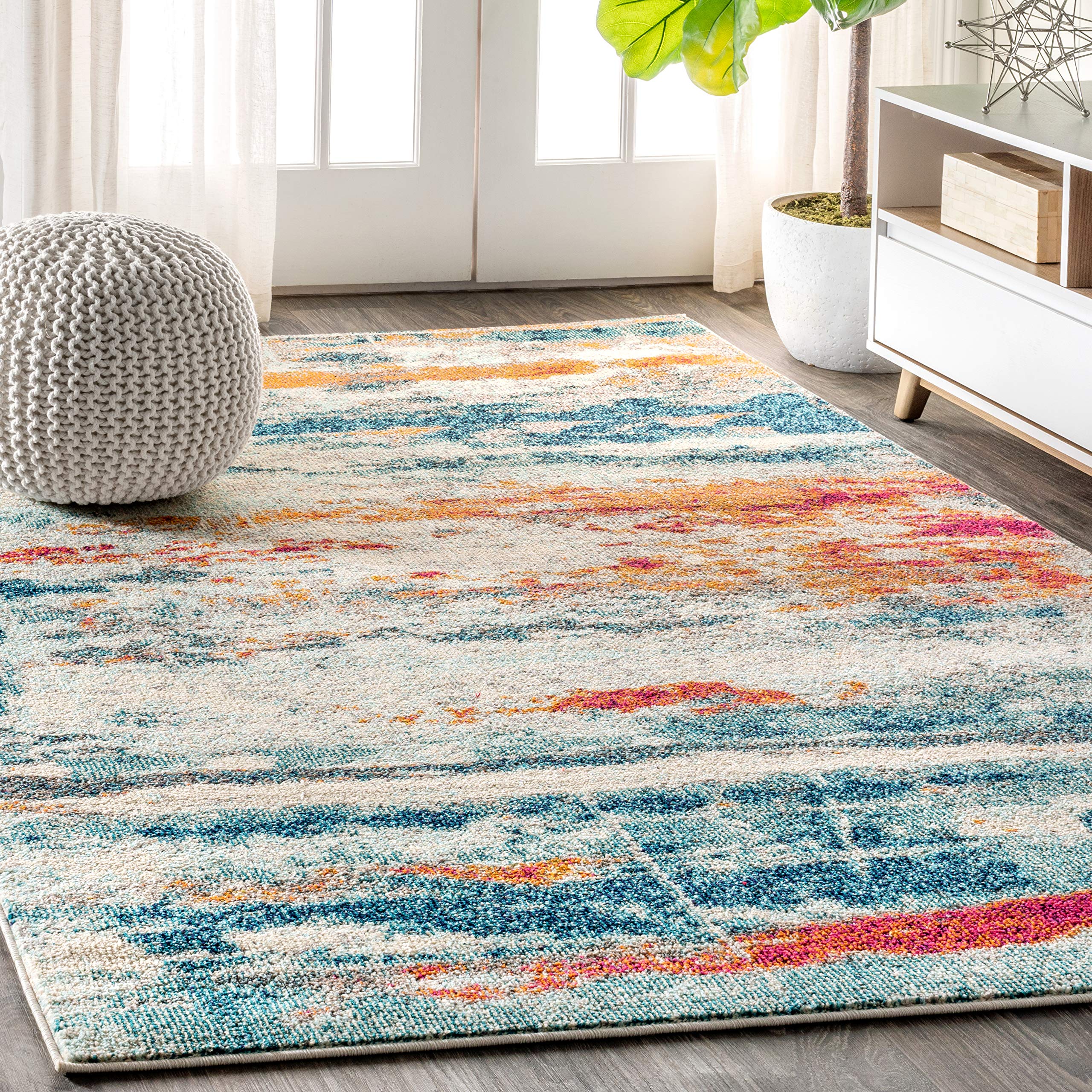 JONATHAN Y Contemporary POP Modern Abstract Brushstroke Cream/Blue 8 ft. x 10 ft. Area-Rug, Bohemian, Easy-Cleaning, for Bedroom