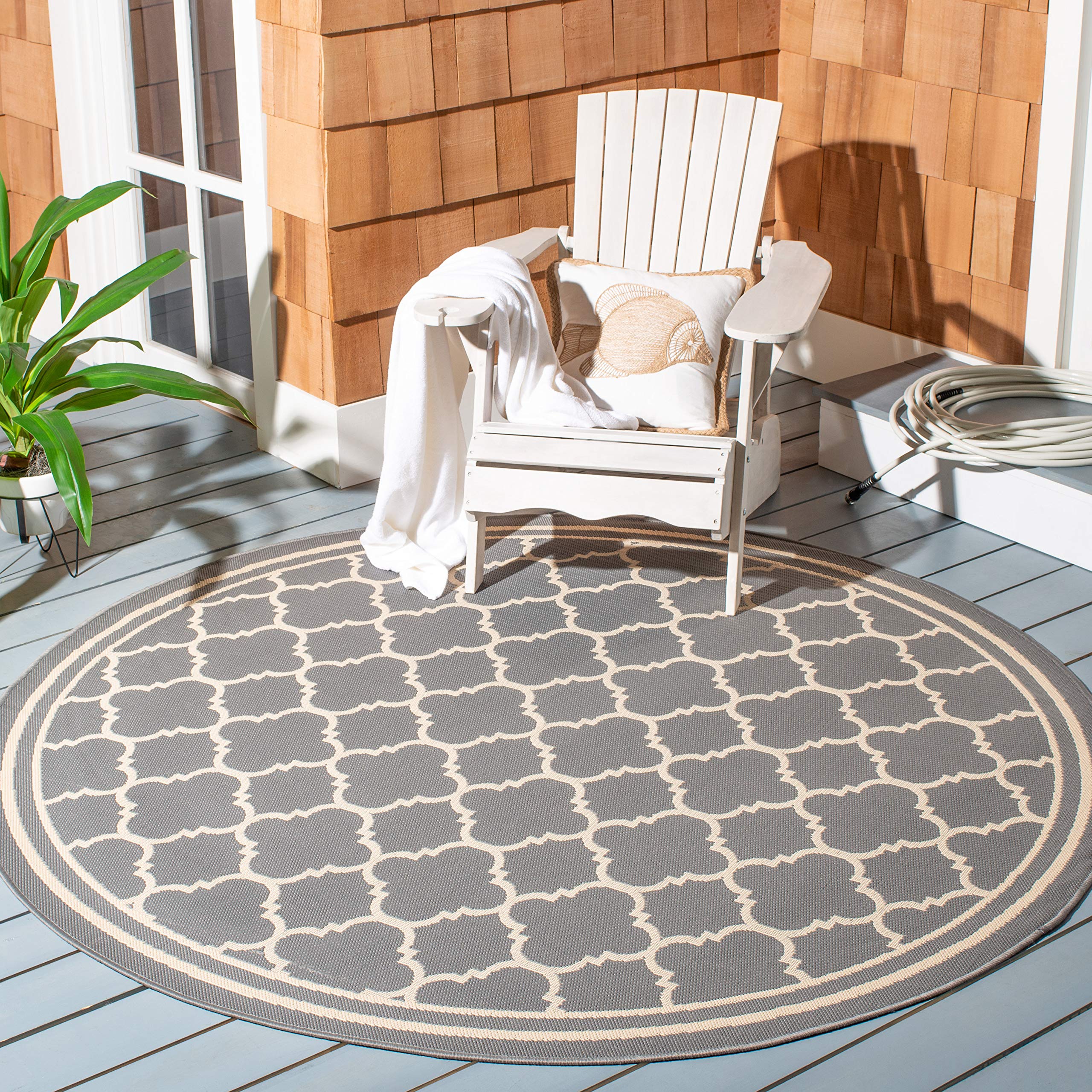 SAFAVIEH Courtyard Collection 53 Round Anthracite/Beige CY6918 Trellis Indoor/ Outdoor Waterproof Easy--Cleaning Patio Backyard
