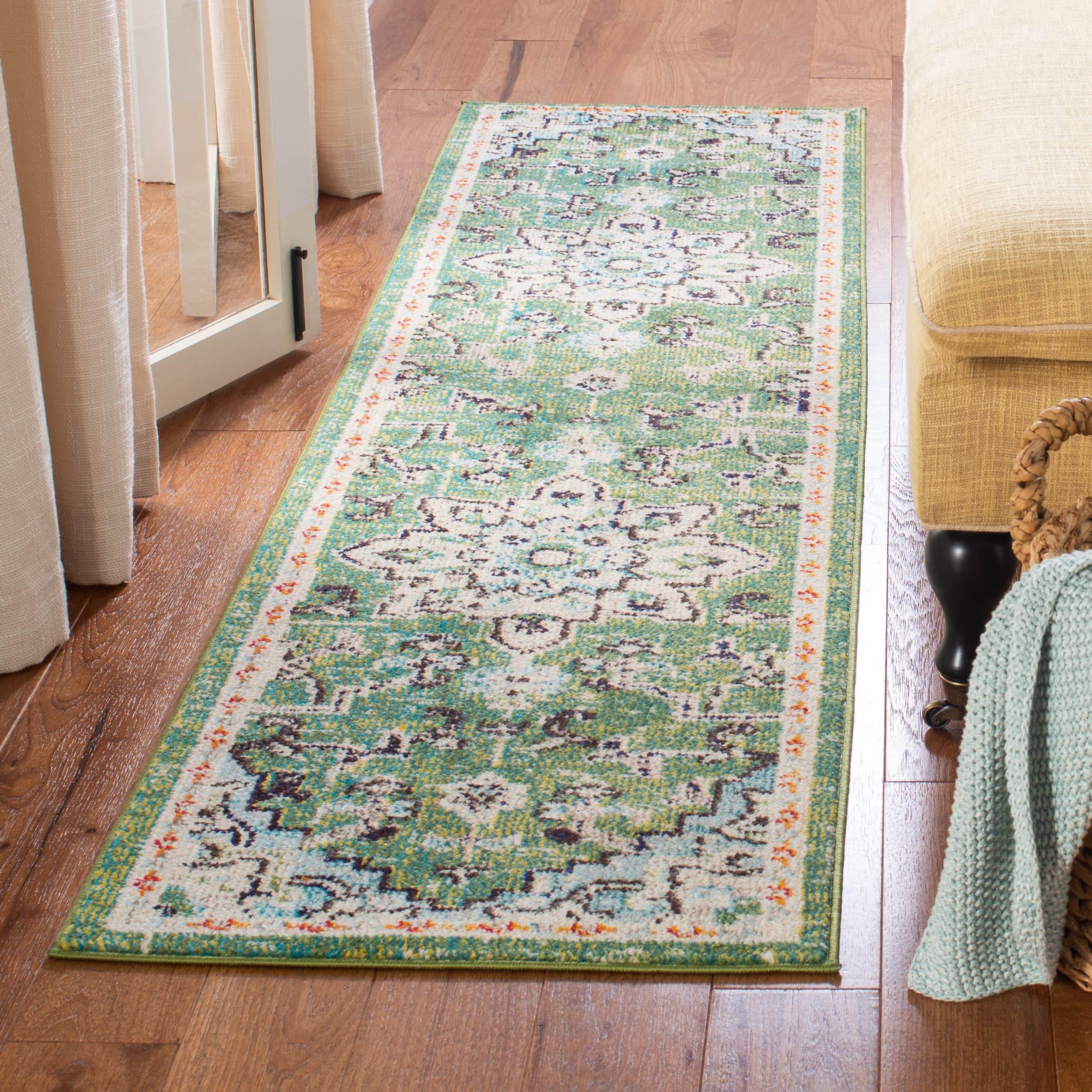 SAFAVIEH Madison Collection Runner Rug - 22 x 14, Green & Turquoise, Boho Chic Medallion Distressed Design, Non-Shedding & Eas