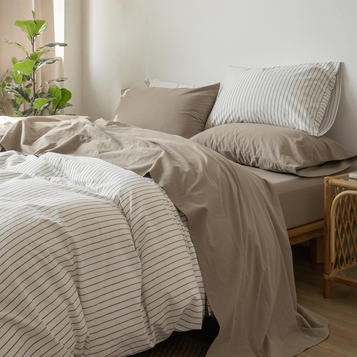 Moomee Bedding Sheet Set 100% Washed Cotton Linen Like Textured Breathable Durable Soft Comfy (Mocha Brown, Twin)