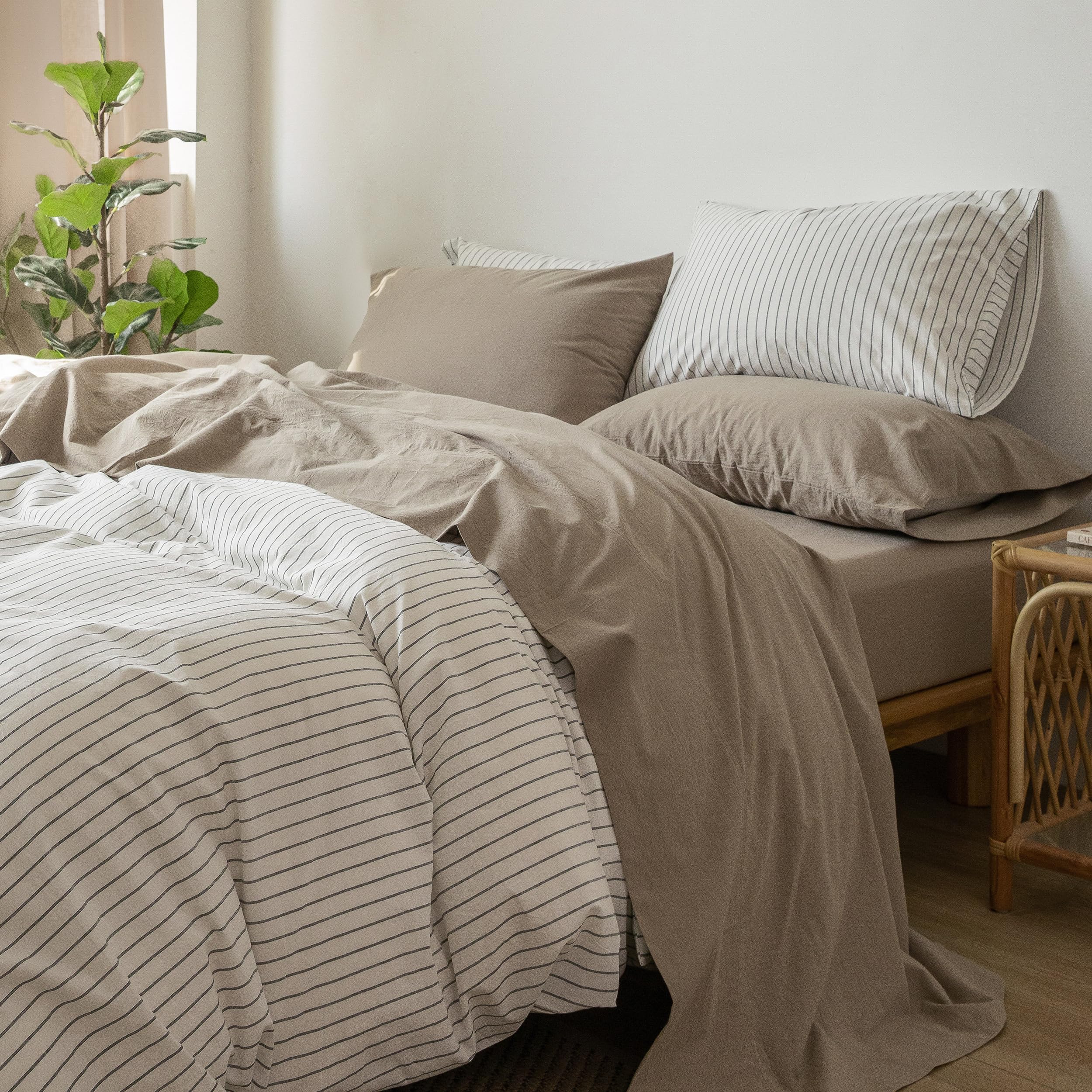 Moomee Bedding Sheet Set 100% Washed Cotton Linen Like Textured Breathable Durable Soft Comfy (Mocha Brown, Twin)