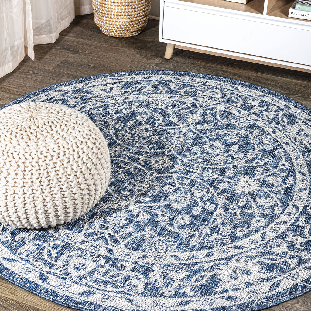 Jonathan Y Smb103A-5R Palazzo Vine And Border Textured Weave Indoor Outdoor Area-Rug Coastal Bohemian Rustic Glam Easy-Cleaning Bedroom Kitchen Backyard Patio Non Shedding, 5' Round, Navy/Gray