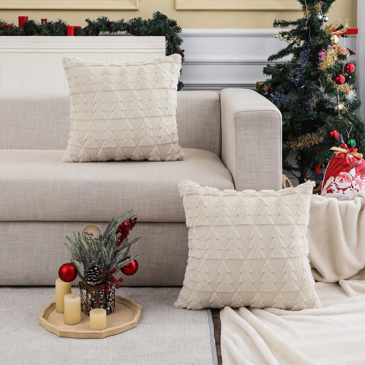 Tosleo Beige Christmas Throw Pillow Cover 16 X 16 Inch Set Of 2 Multiple Christmas Tree Pillow Case Soft Fur Fuzzy Cute Decor Pi