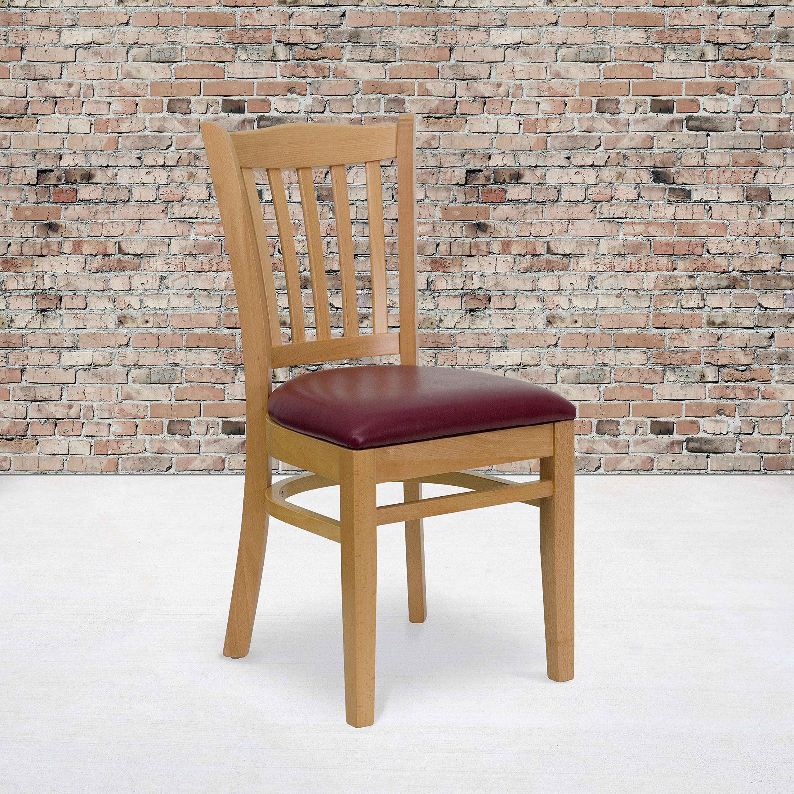 Flash Furniture Hercules Series Vertical Slat Back Natural Wood Restaurant Chair - Burgundy Vinyl Seat