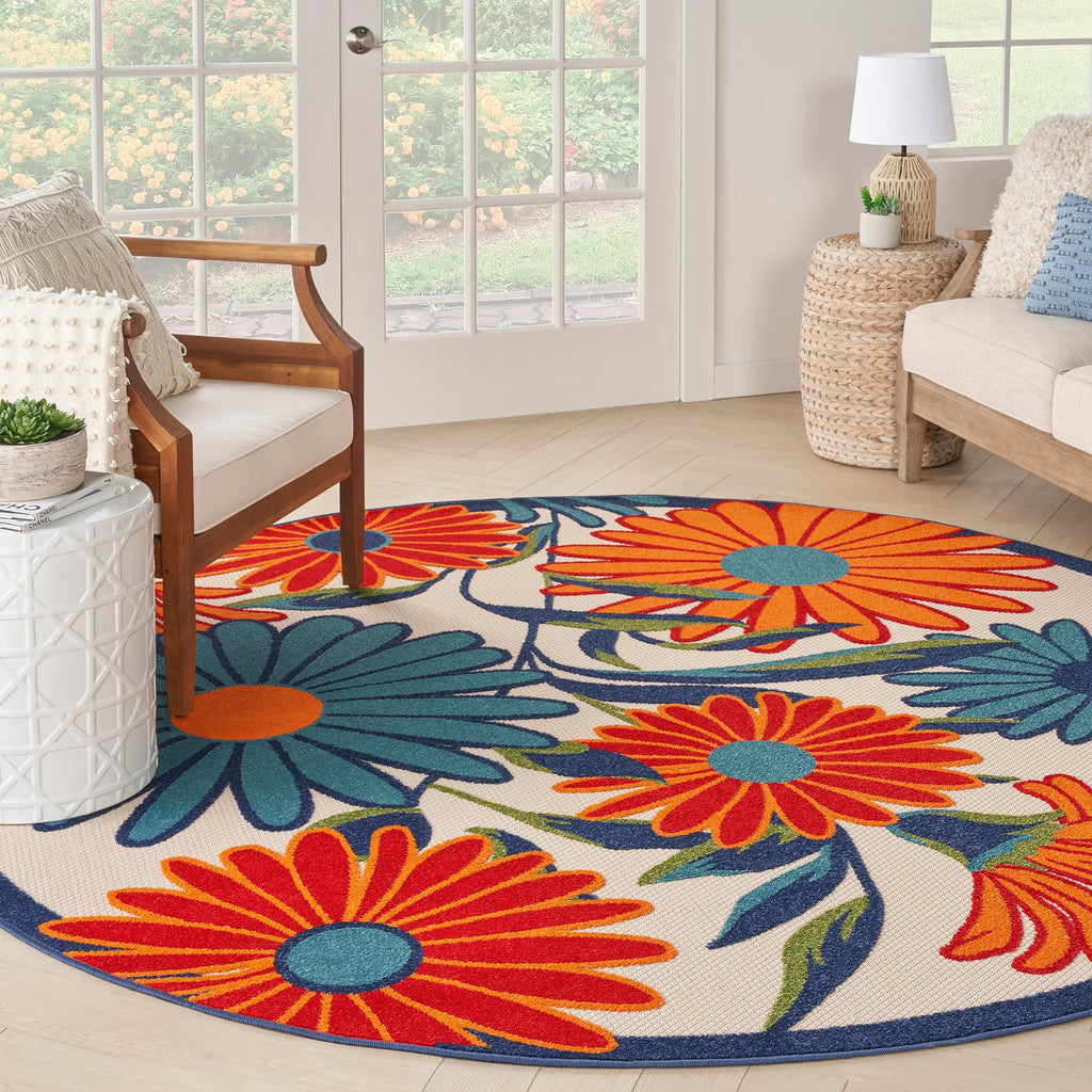 Nourison Aloha Outdoor Multicolor 5'3' X Round Area Rug, Easy Cleaning, Non Shedding, Bed Room, Living Room, Dining Room, Deck, Backyard, Patio (5 Round)