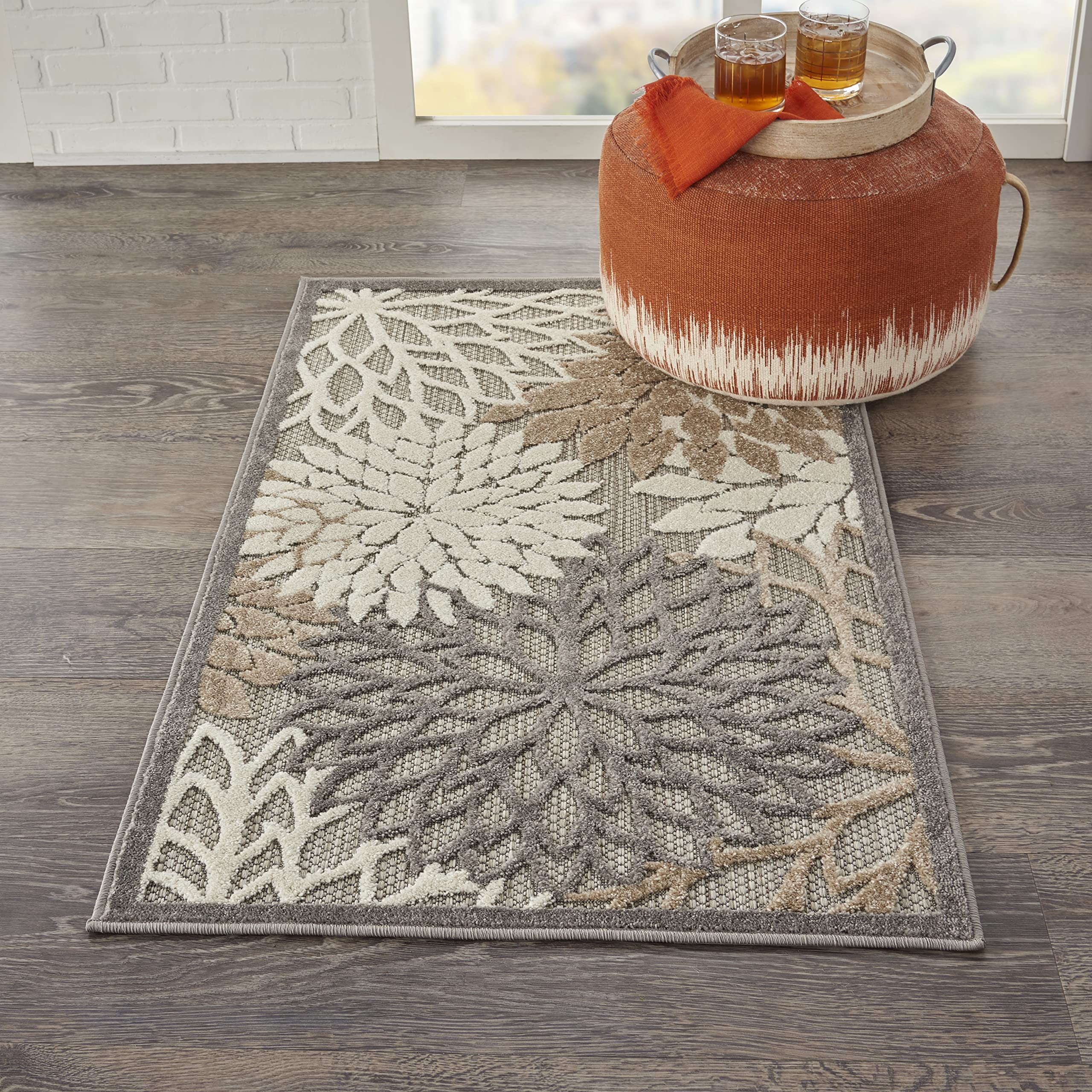 Nourison Aloha Indoor/Outdoor Area Rug 2' 8' X 4', Natural, Rectangular Tropical Botanical Easy-Cleaning Non Shedding Bed Room Living Room Dining Room Deck Backyard Patio
