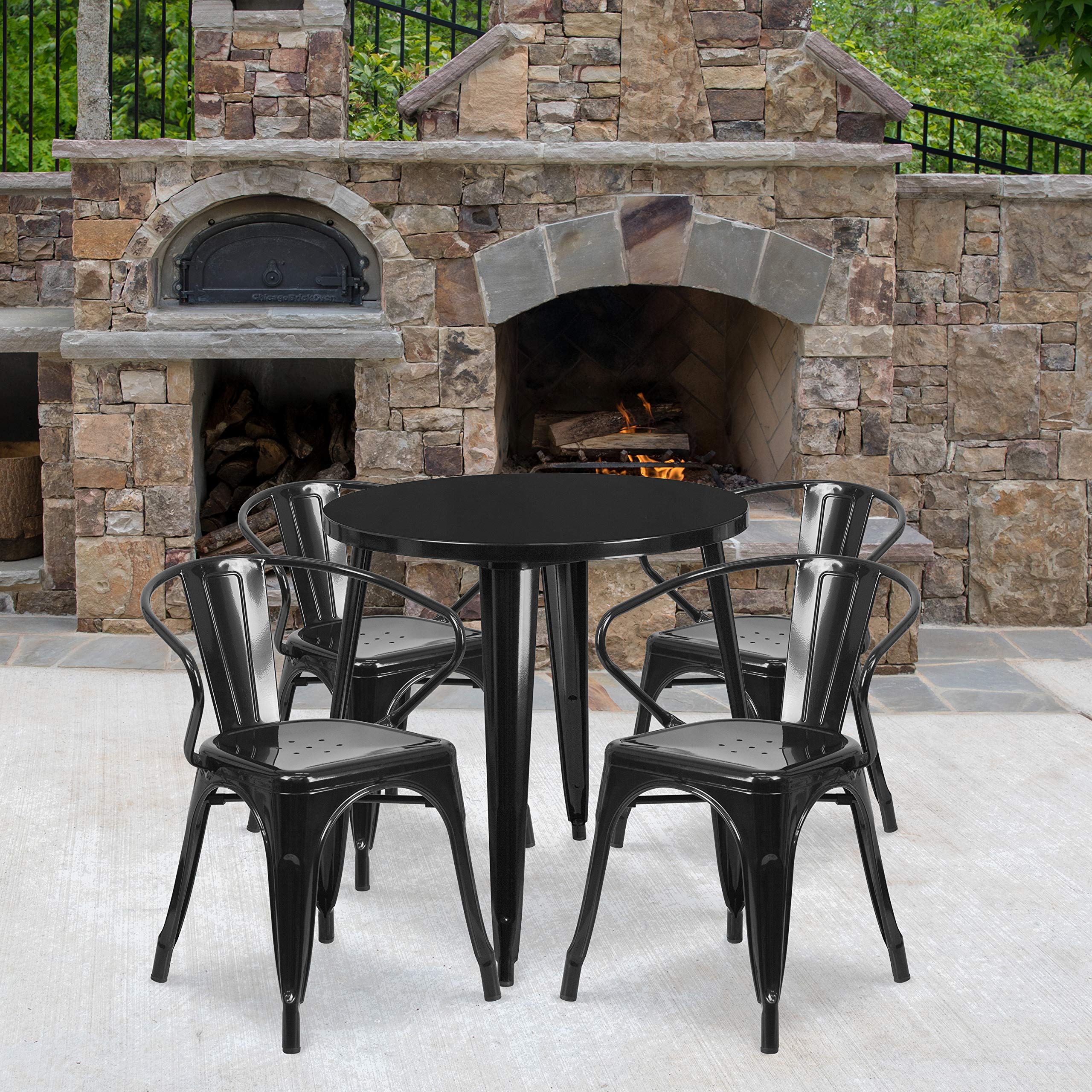 Flash Furniture Commercial Grade 30 Round Yellow Metal Indoor-Outdoor Table Set with 4 Arm Chairs