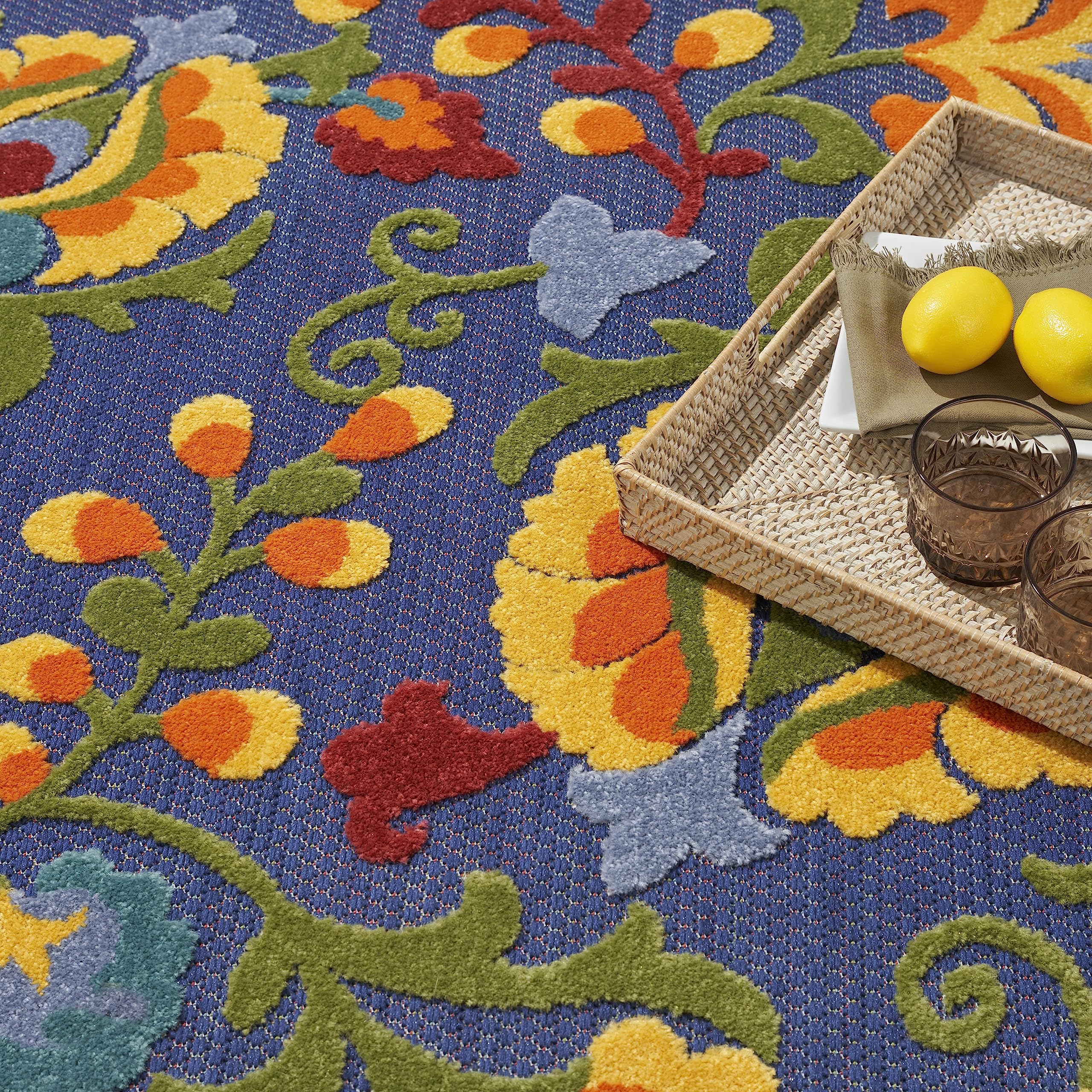 Nourison Aloha Indoor-Outdoor Navy Multicolor 7’10” X Round Area Rug, Easy Cleaning, Non Shedding, Bed Room, Living Room, Dining Room, Backyard, Deck, Patio (8 Round)