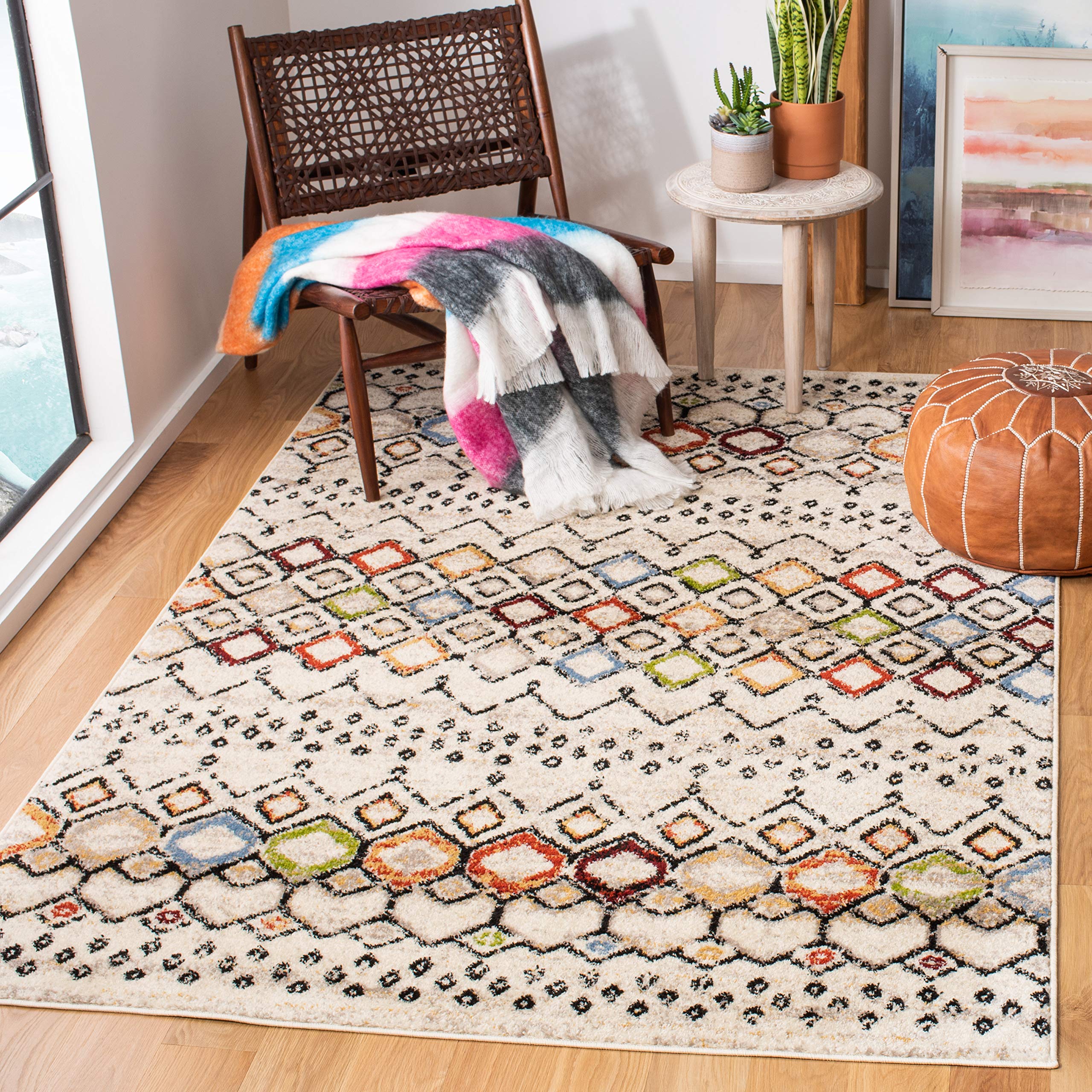 SAFAVIEH Amsterdam Collection Accent Rug - 3' x 5', Ivory & Multi, Moroccan Boho Design, Non-Shedding & Easy Care, Ideal for Hig