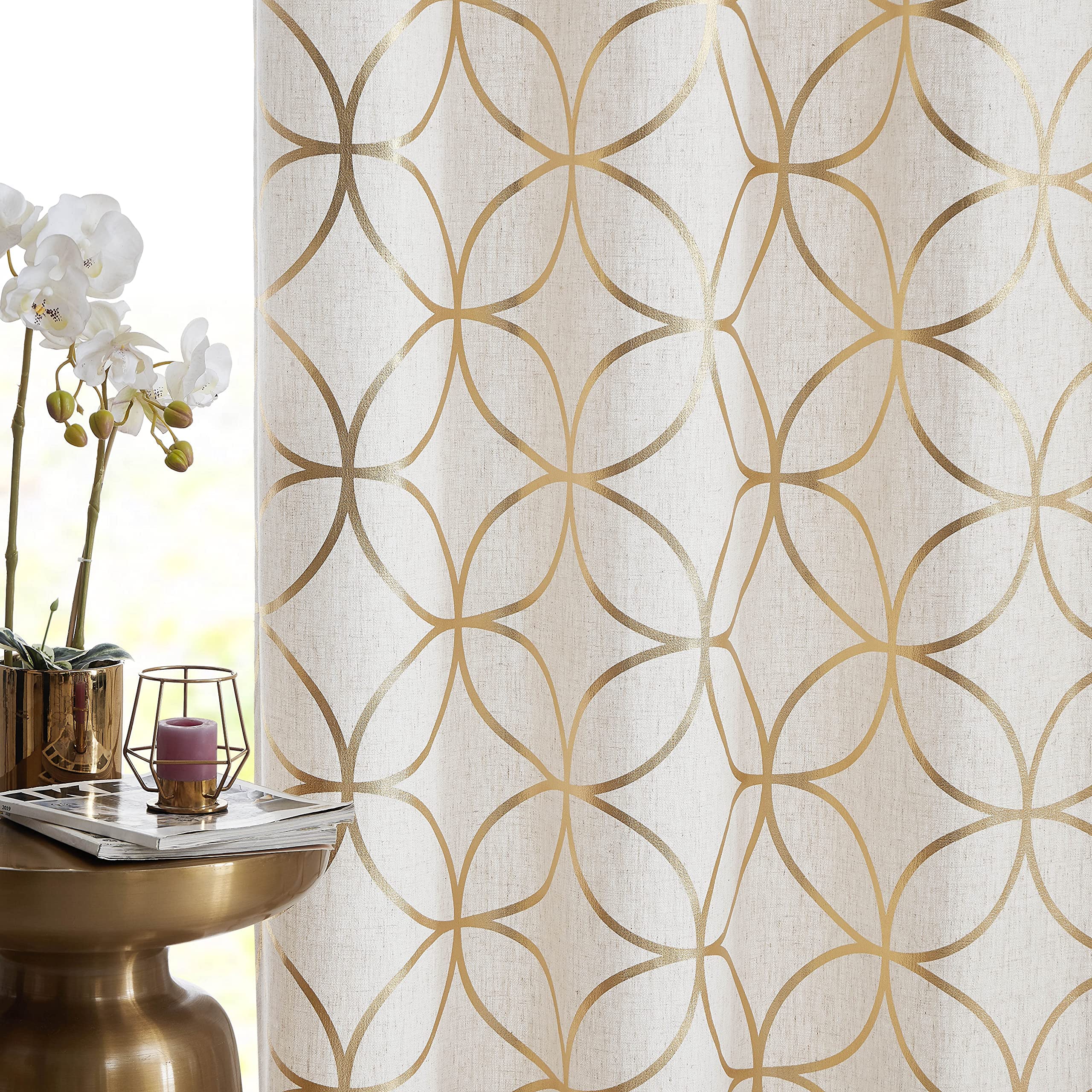 Sxzjtex Gold Linen Window Curtain Panels Metallic Geo Moroccan Tile Foil Print Semi Sheer Drapes For Bedroom Living Room, Light
