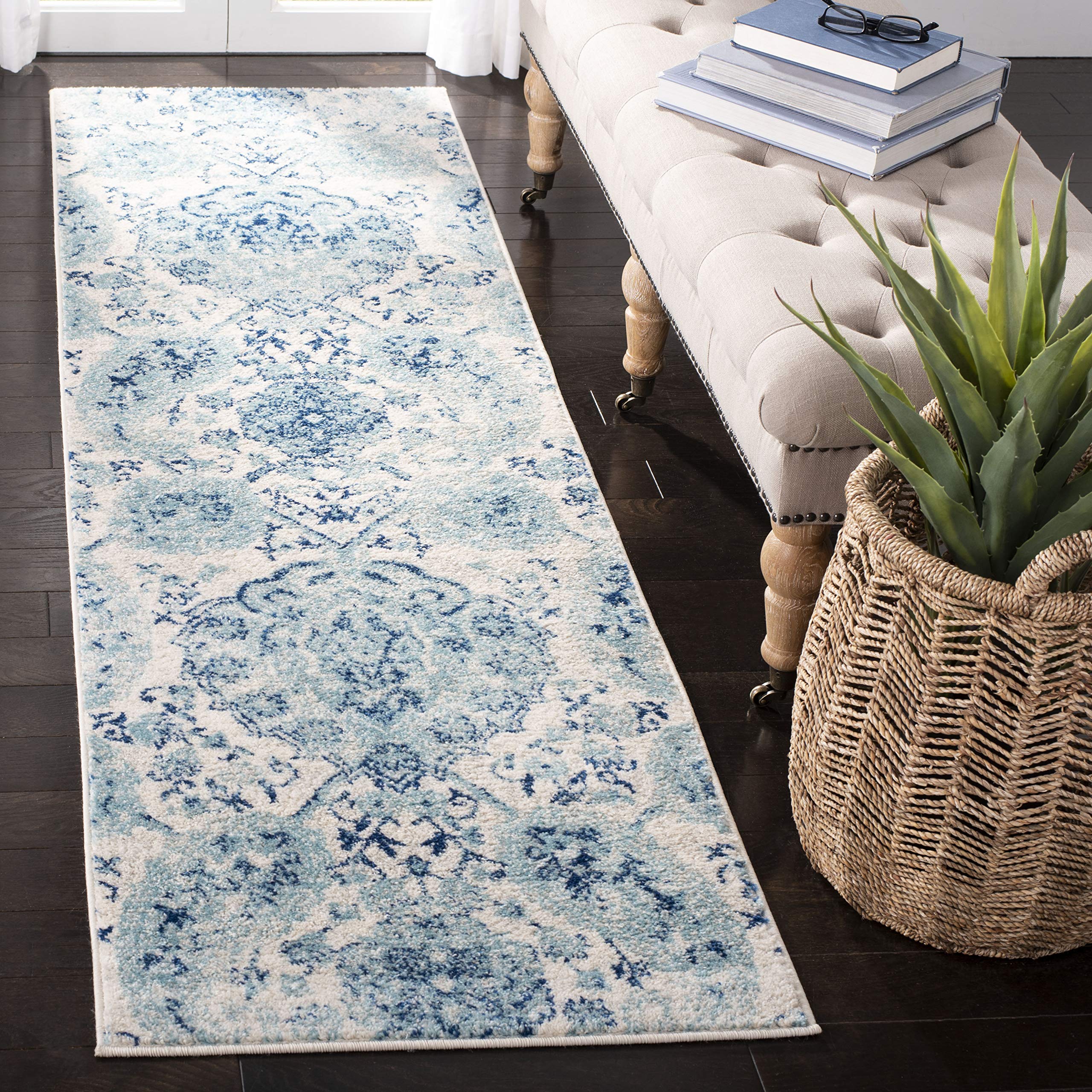 SAFAVIEH Madison Collection Runner Rug - 2'3'' x 20', Cream & Turquoise, Boho Chic Glam Paisley Design, Non-Shedding & Easy Care
