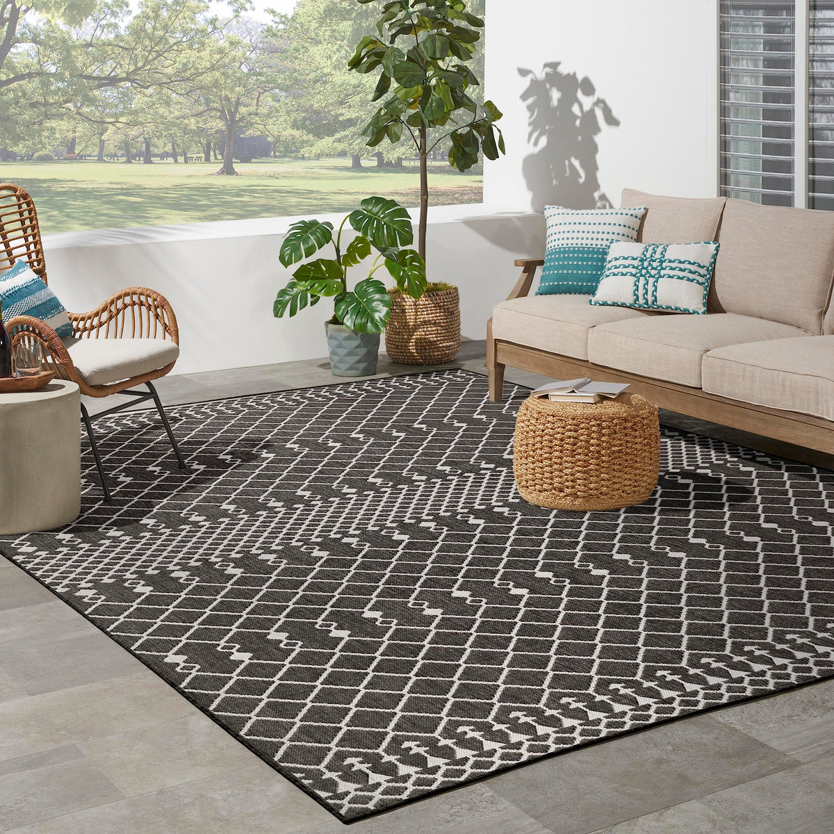 Nourison Positano Indoor/Outdoor Black 8' X 10' Area Rug, Easy Cleaning, Non Shedding, Bed Room, Living Room, Dining Room, Backyard, Deck, Patio (8X10)