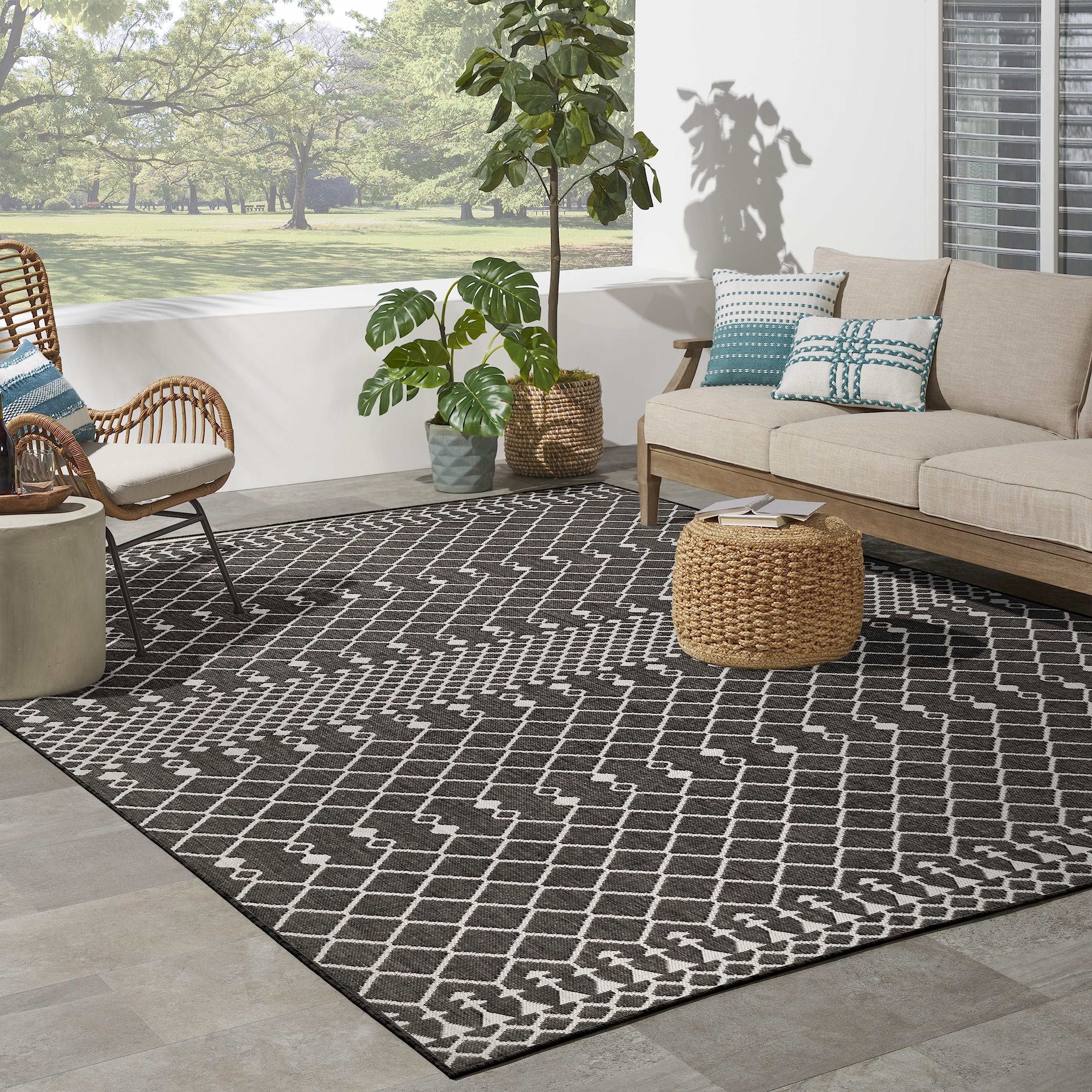 Nourison Positano Indoor/Outdoor Black 8' X 10' Area Rug, Easy Cleaning, Non Shedding, Bed Room, Living Room, Dining Room, Backyard, Deck, Patio (8X10)