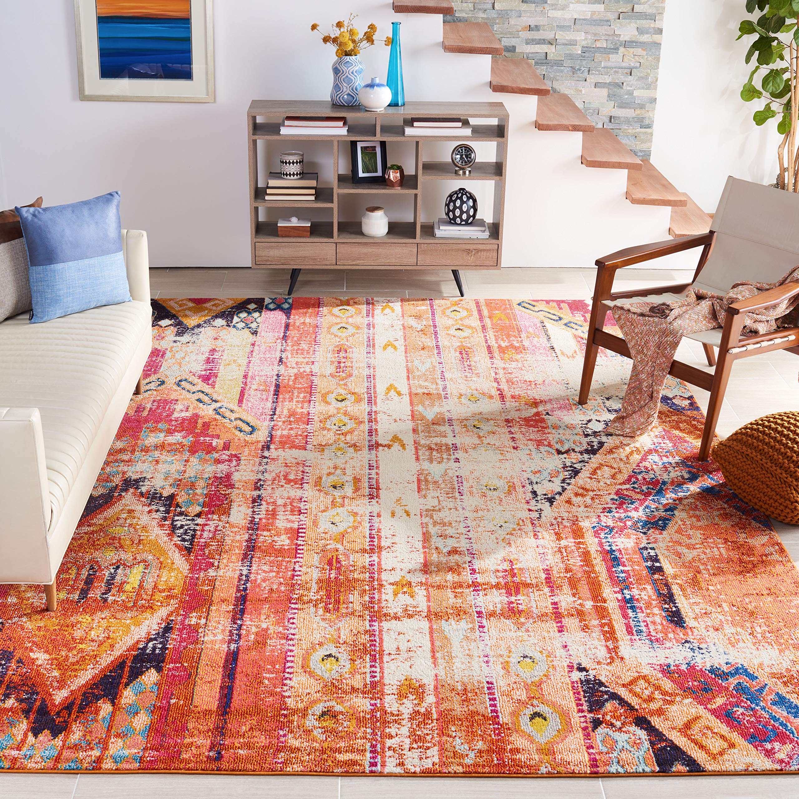SAFAVIEH Monaco Collection Area Rug - 67 x 92, Orange & Multi, Boho Chic Tribal Distressed Design, Non-Shedding & Easy Care, I