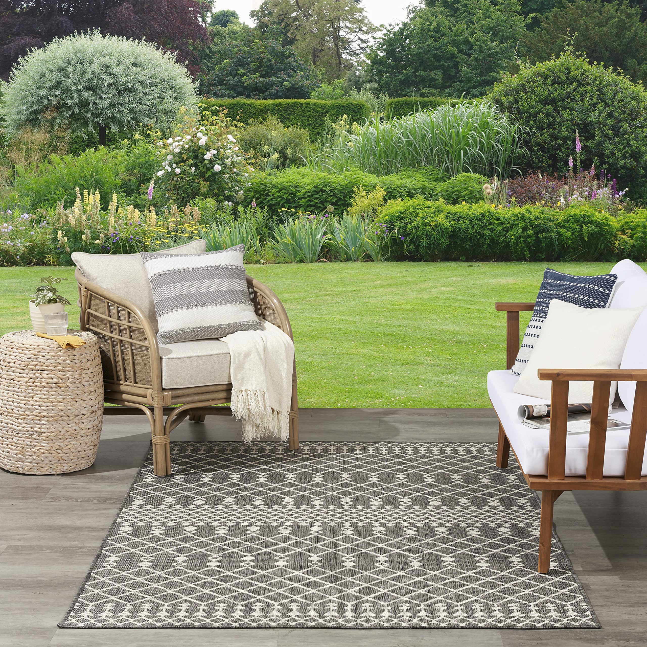 Nourison Positano Indoor/Outdoor Charcoal 7' X 10' Area Rug, Easy Cleaning, Non Shedding, Bed Room, Living Room, Dining Room, Deck, Backyard, Patio (7X10)