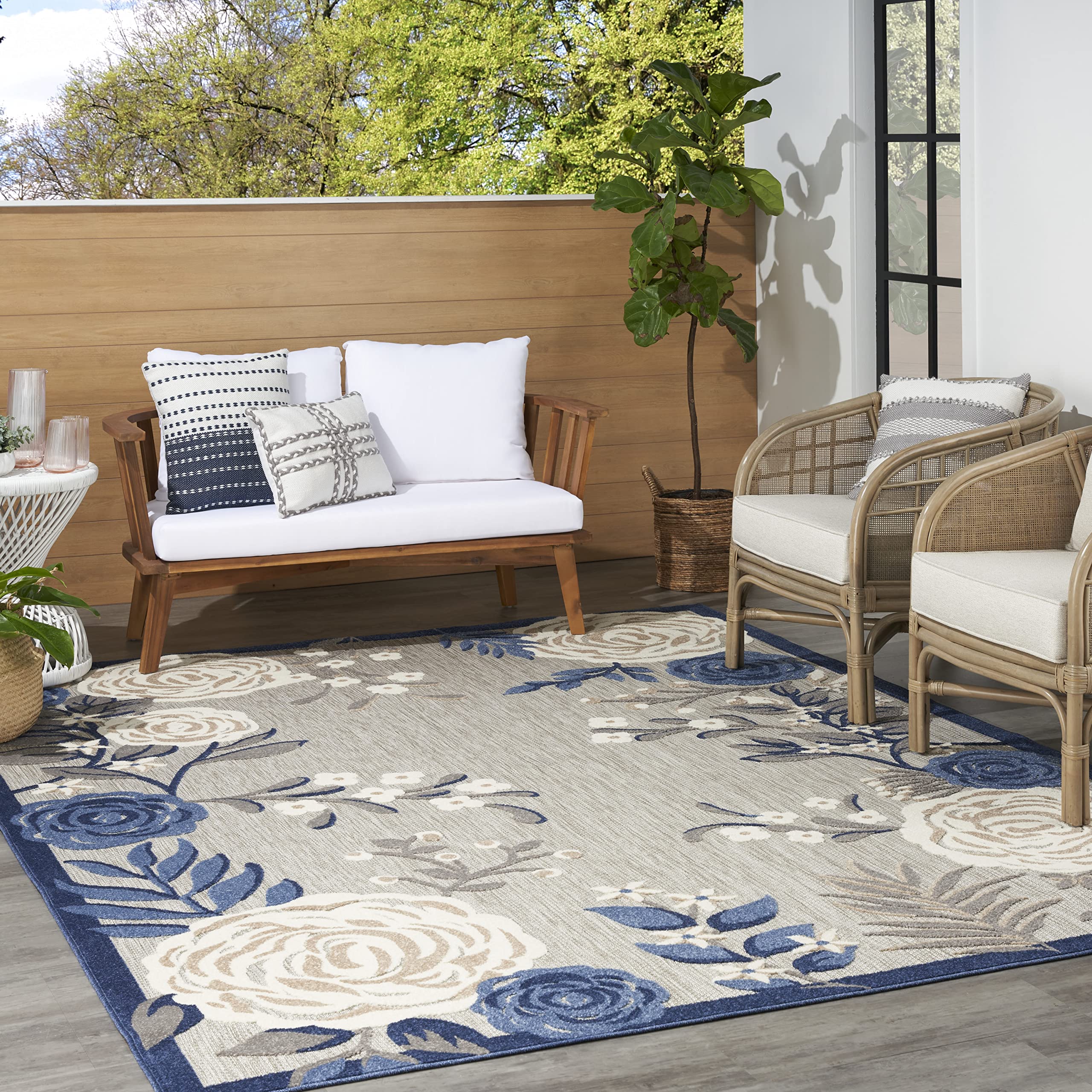 Nourison Aloha Indoor-Outdoor Modern Blue/Grey 9' X 12' Area Rug, Easy Cleaning, Non Shedding, Bed Room, Living Room, Dining Room, Kitchen (9X12)