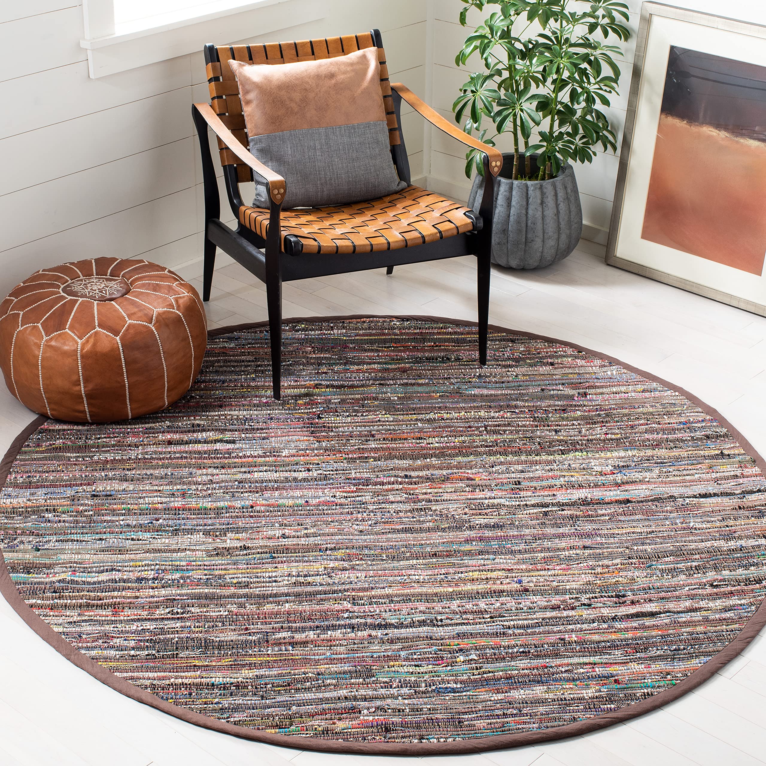 SAFAVIEH Rag Rug Collection Area Rug - 6 Round, Rust & Multi, Handmade Boho Stripe Cotton, Ideal for High Traffic Areas in Livi