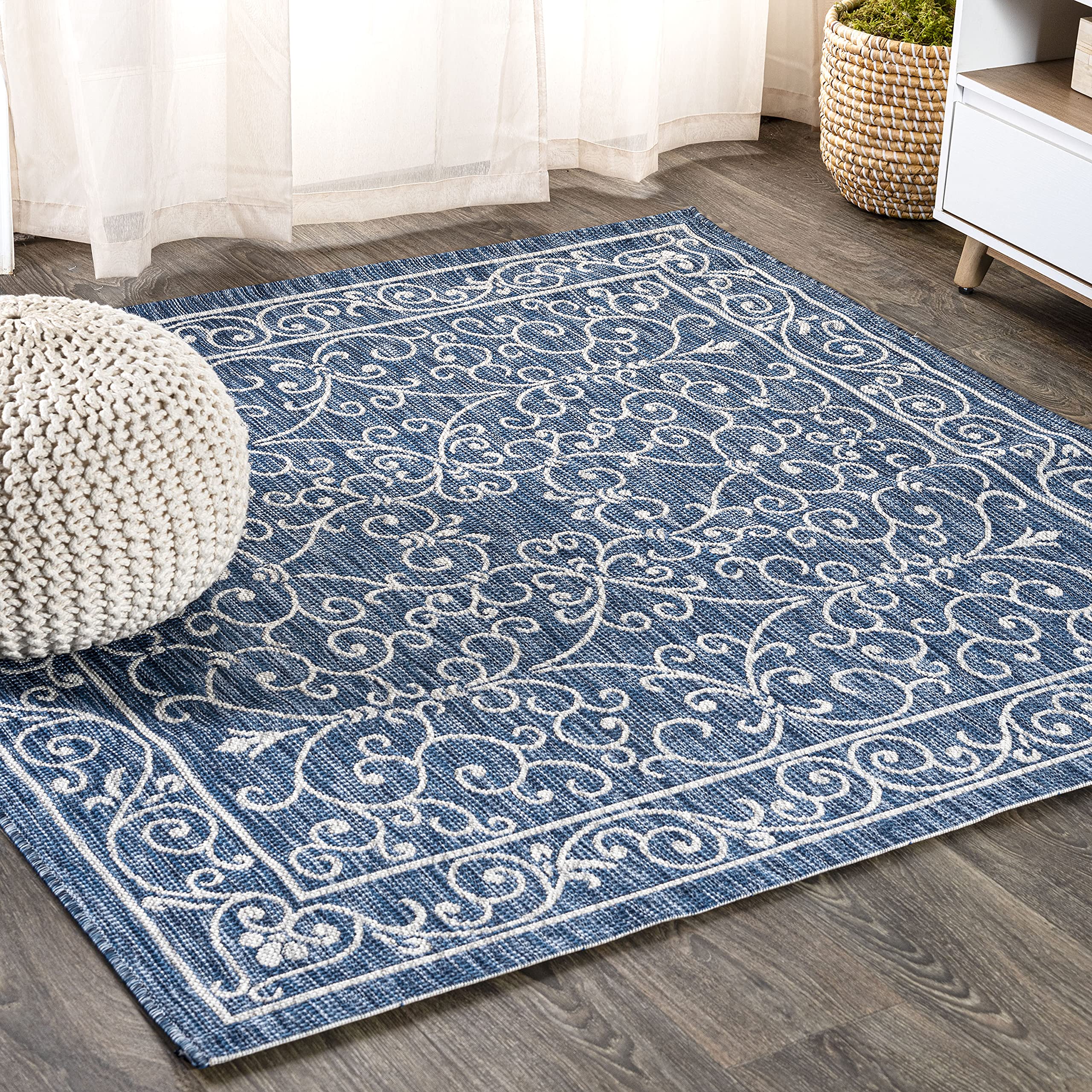 Jonathan Y Smb106D-9Sq Charleston Vintage Filigree Textured Weave Navy/Gray 9' Square Indoor/Outdoor Area Rug, Pet Friendly, Non