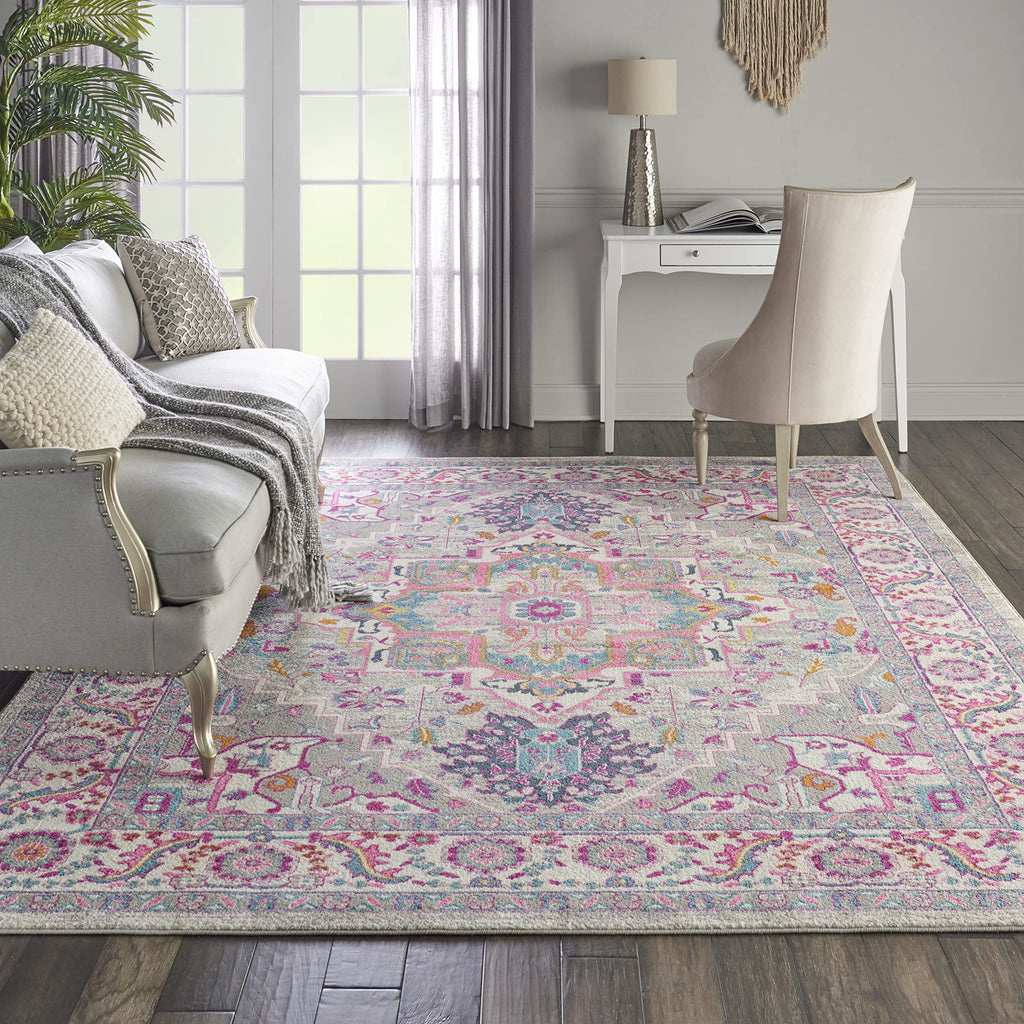 Nourison Passion Bohemian Light Grey/Pink 8' X 10' Area Rug, Easy Cleaning, Non Shedding, Bed Room, Living Room, Dining Room, Kitchen (8X10)