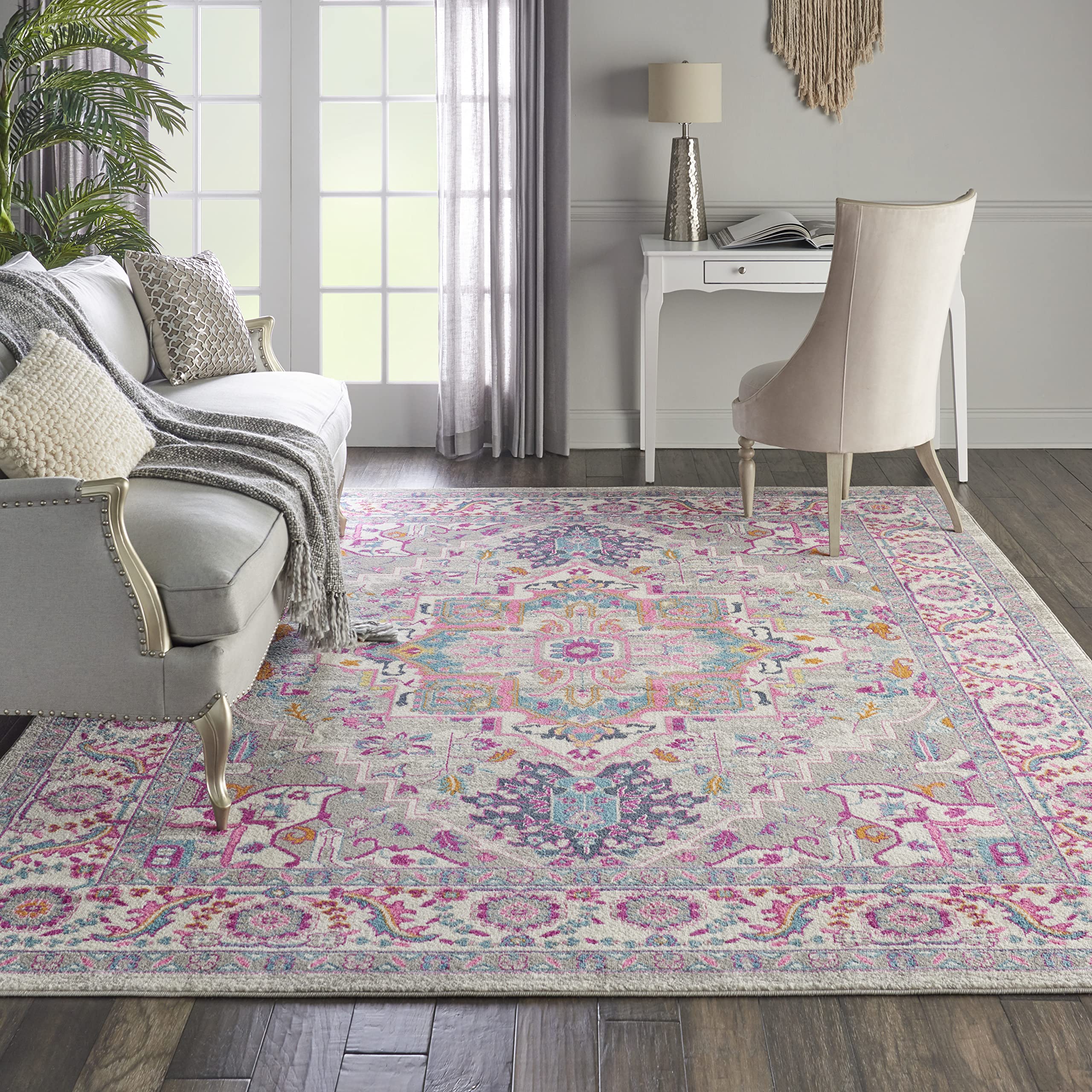Nourison Passion Bohemian Light Grey/Pink 8' X 10' Area Rug, Easy Cleaning, Non Shedding, Bed Room, Living Room, Dining Room, Kitchen (8X10)