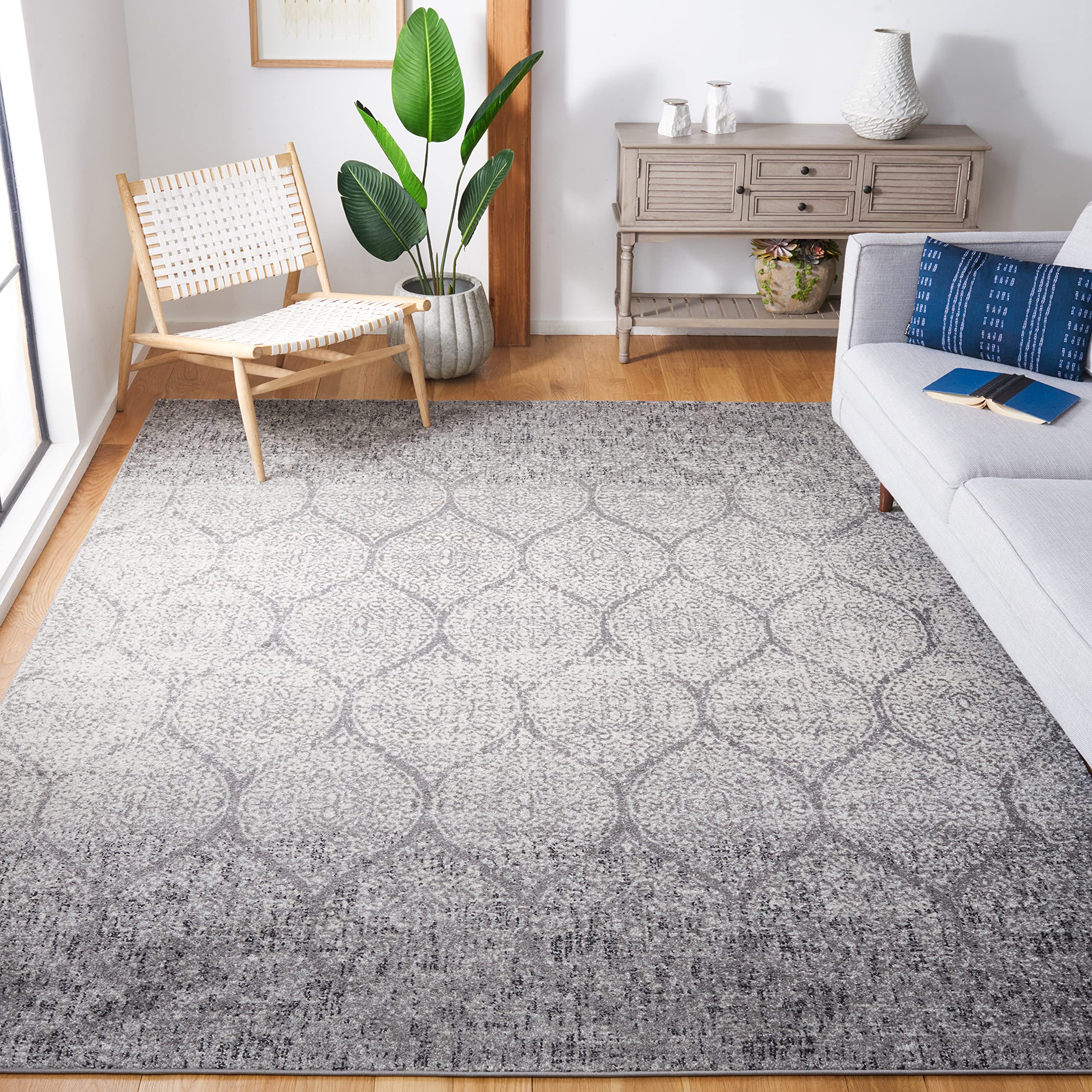 SAFAVIEH Madison Collection X-Large Area Rug - 12 x 15, Grey & Ivory, Glam Ogee Trellis Distressed Design, Non-Shedding & Easy