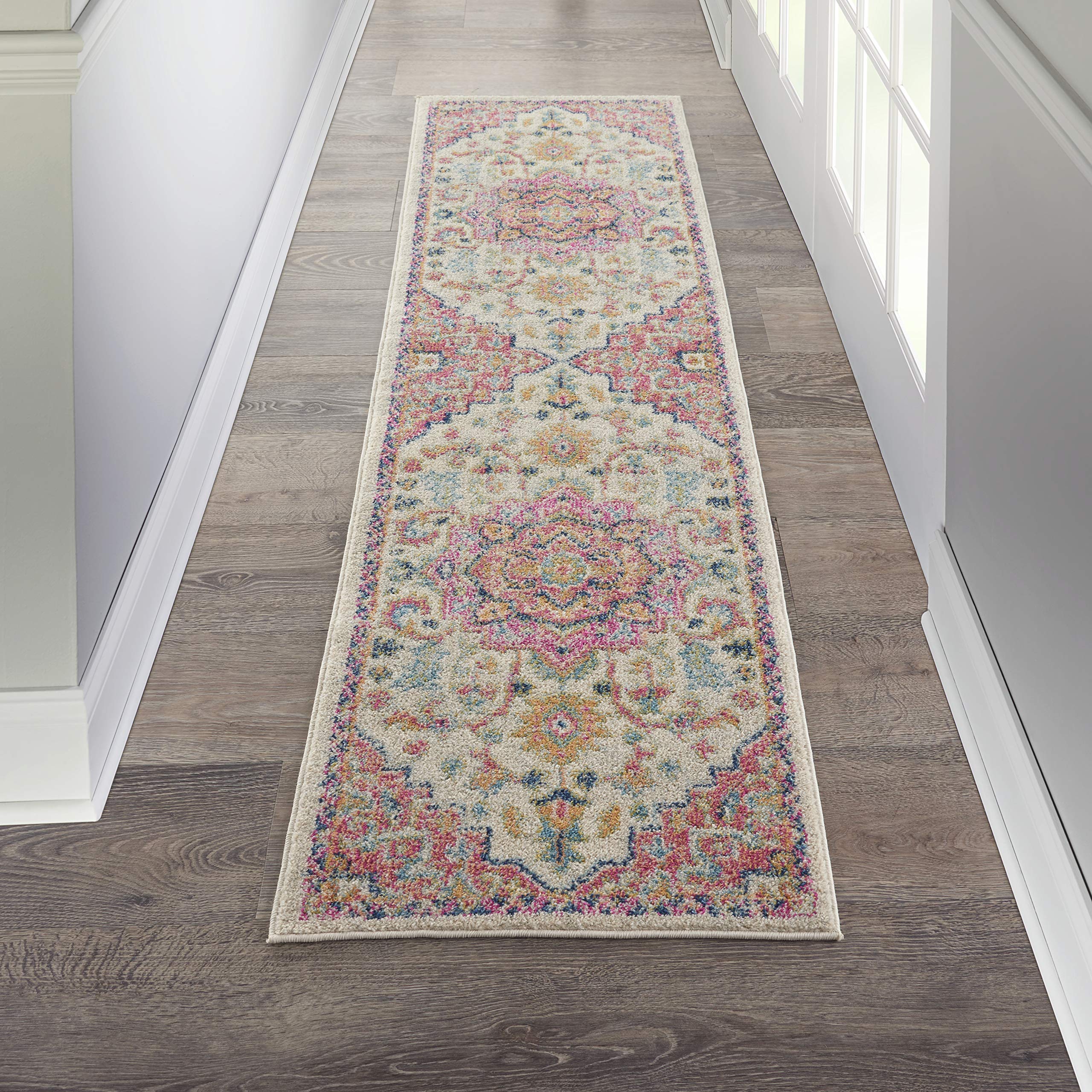 Nourison Passion Ivory/Pink 22 x 76 Area Rug, Boho, Moroccan, Bed Room, Living Room, Dining Room, Kitchen, Easy Cleaning, Non 