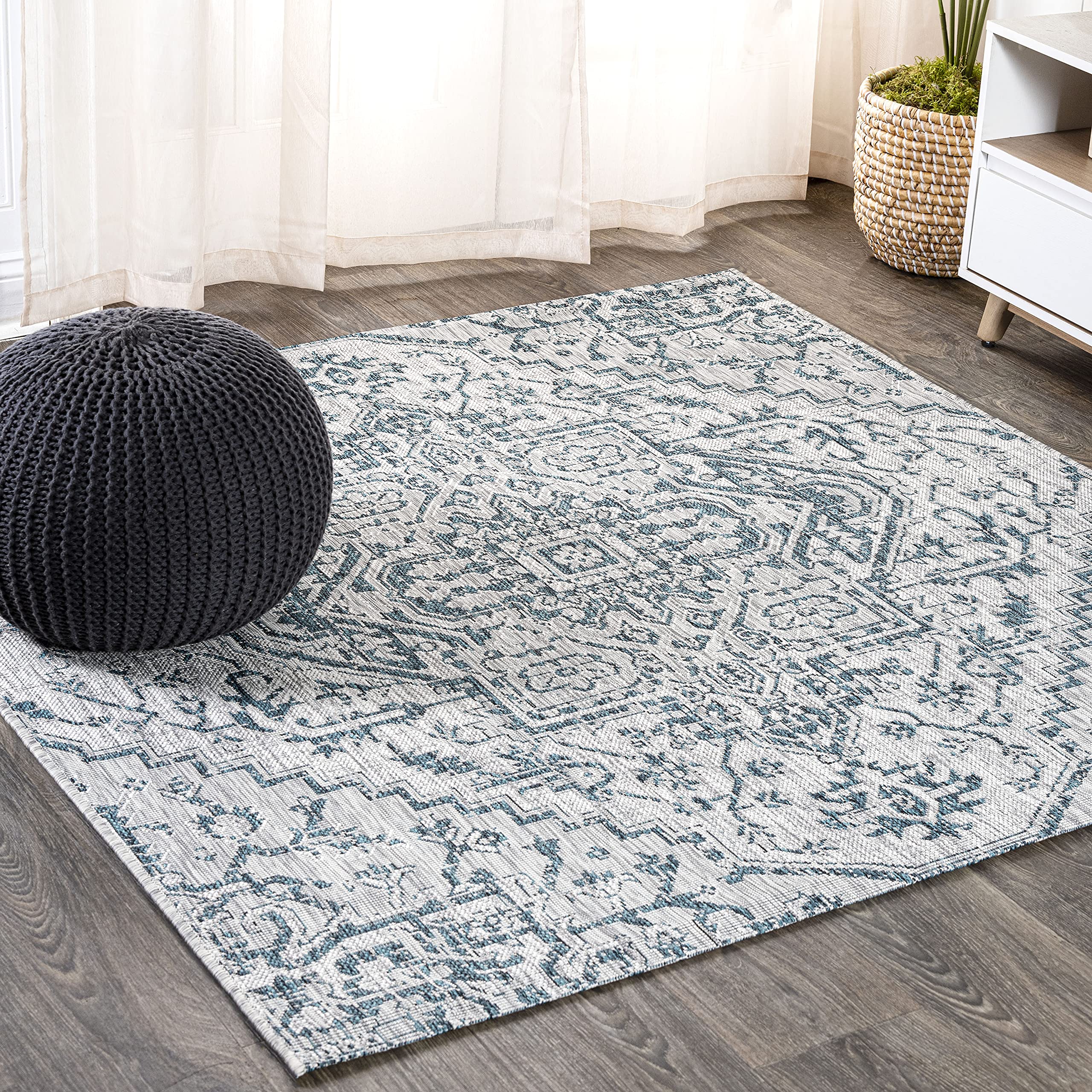 JONATHAN Y SMB105C-4SQ Estrella Bohemian Medallion Textured Weave Teal/Gray 4 Square Indoor/Outdoor Area Rug, Pet Friendly, Non