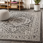 Jonathan Y Smb101D-9 Sinjuri Medallion Textured Weave Indoor Outdoor Area Rug Coastal Bohemian Rustic Glam Easy Cleaning Bedroom Kitchen Backyard Patio Non Shedding, 9 X 12, Gray/Black