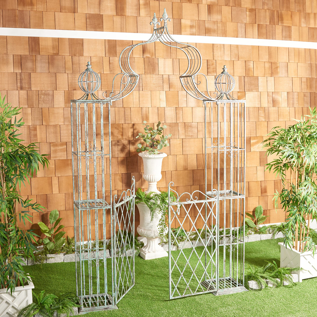 Safavieh Outdoor Collection Beatrix Victorian Antique Dark Green Wrought Iron Trellis Garden Arch Arbor