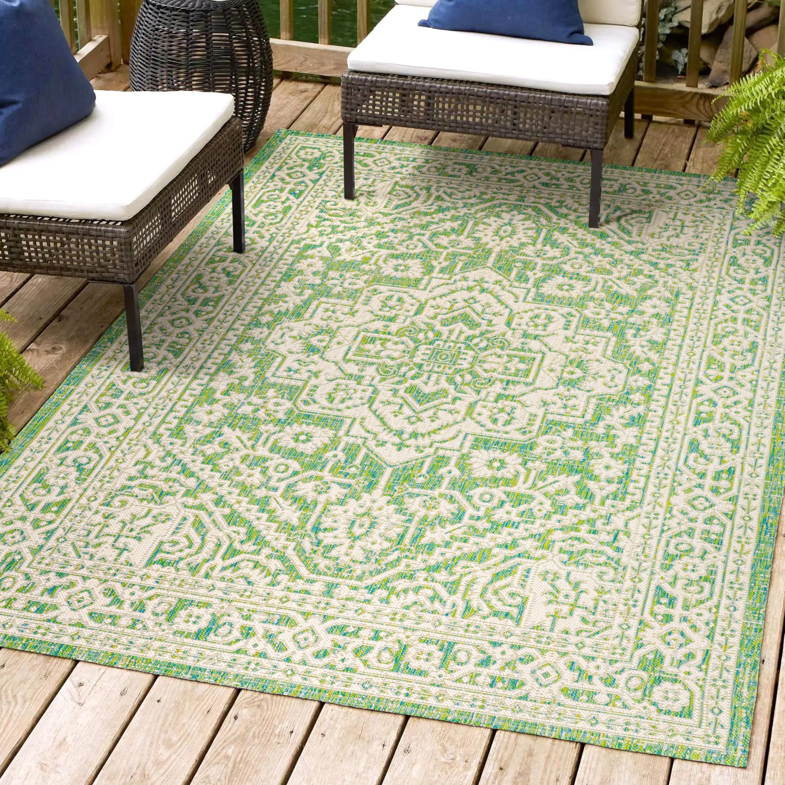 Jonathan Y Smb101H-9 Sinjuri Medallion Textured Weave Indoor Outdoor Area-Rug, Coastal, Traditional, Transitional Easy-Cleaning,Bedroom,Kitchen,Backyard,Patio,Non Shedding, Cream/Green, 9 X 12