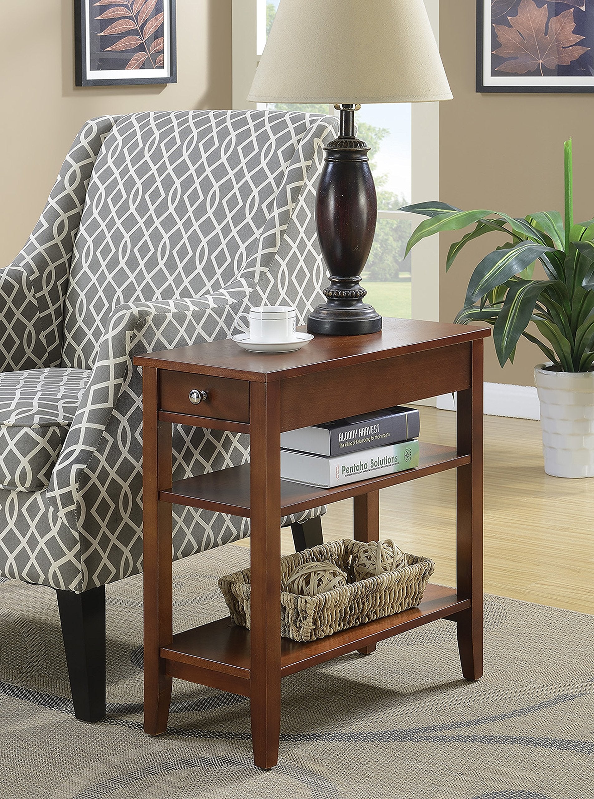 Convenience Concepts American Heritage Chairside End Table With Drawer 23.5' - Classic Living Room Table With Storage Shelf, Bedroom Nightstand, Mahogany