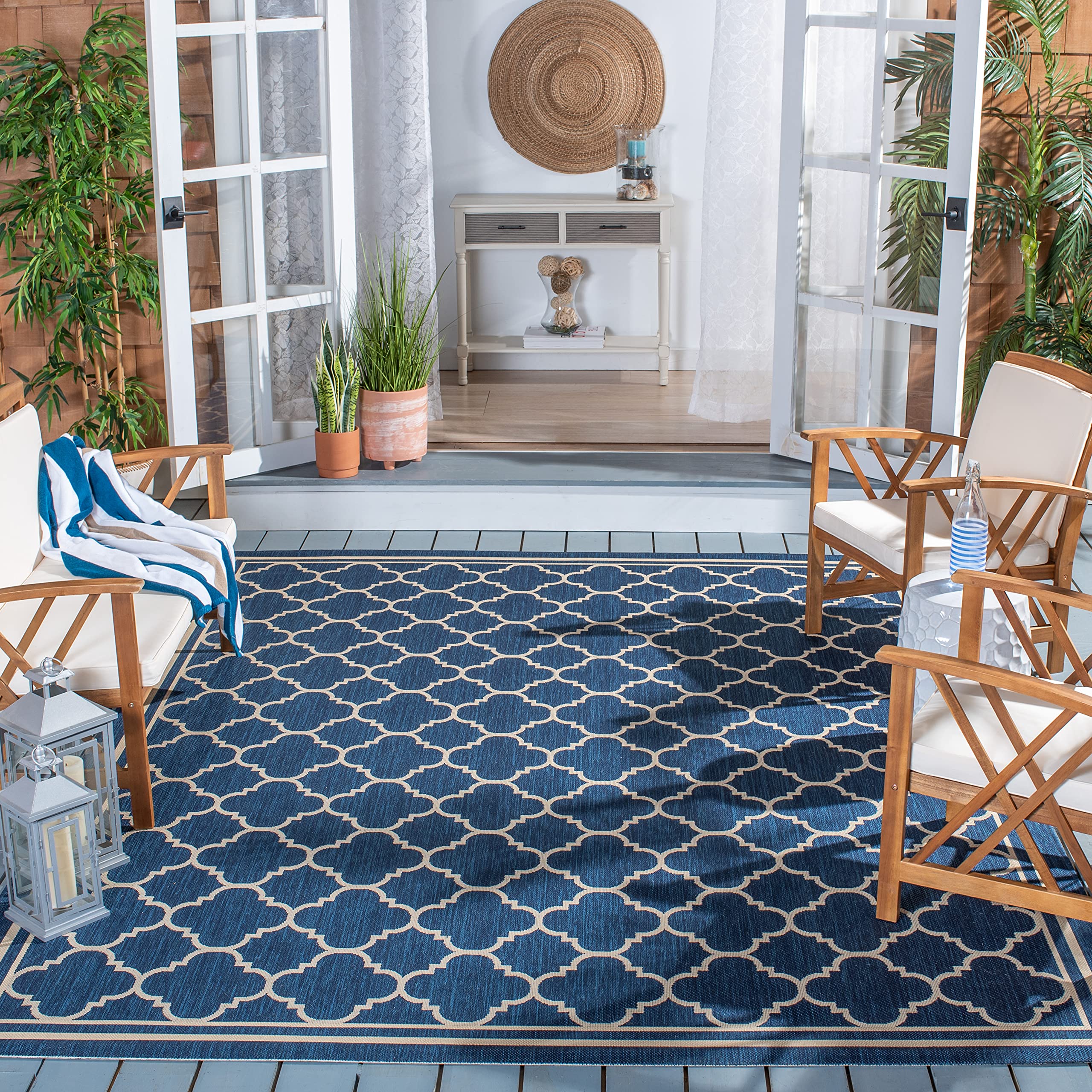 Safavieh Courtyard Collection 8' X 10' Blue/Beige Cy6918 Trellis Indoor/ Outdoor Patio Backyard Mudroom Area Rug
