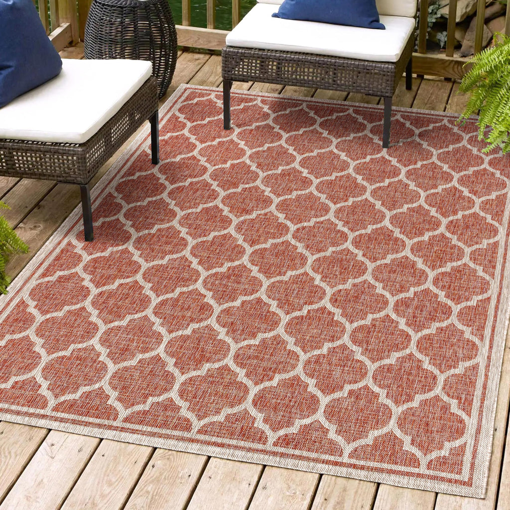 Jonathan Y Smb109C-3 Trebol Moroccan Trellis Textured Weave Indoor Outdoor Area Rug Bohemian Modern Easy Cleaning Bedroom Kitchen Backyard Patio Non Shedding, 3 X 5, Red/Beige