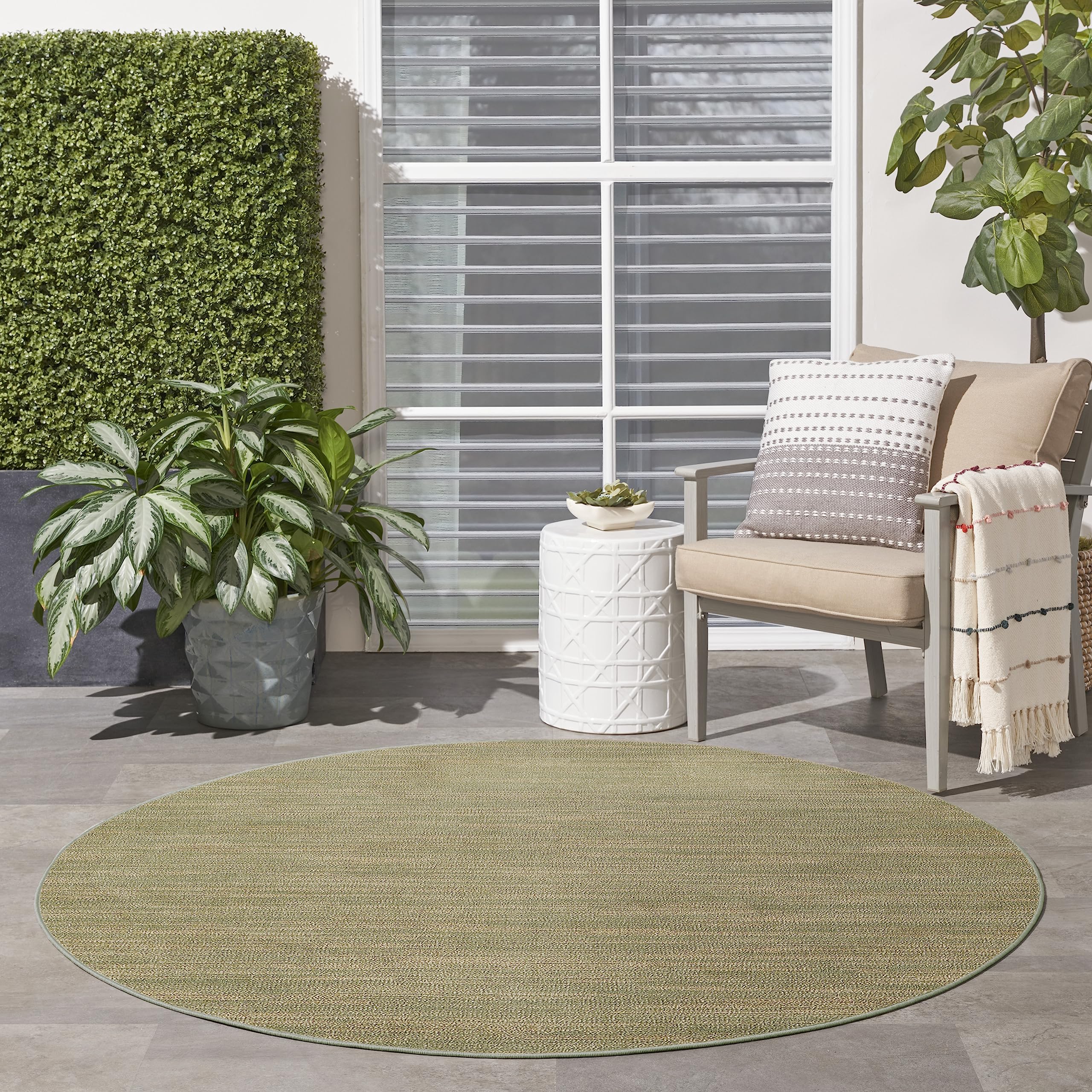 Nourison Essentials Indoor/Outdoor Green Gold 6' X Round Area Rug, Easy Cleaning, Non Shedding, Bed Room, Living Room, Dining Room, Backyard, Deck, Patio (6 Round)