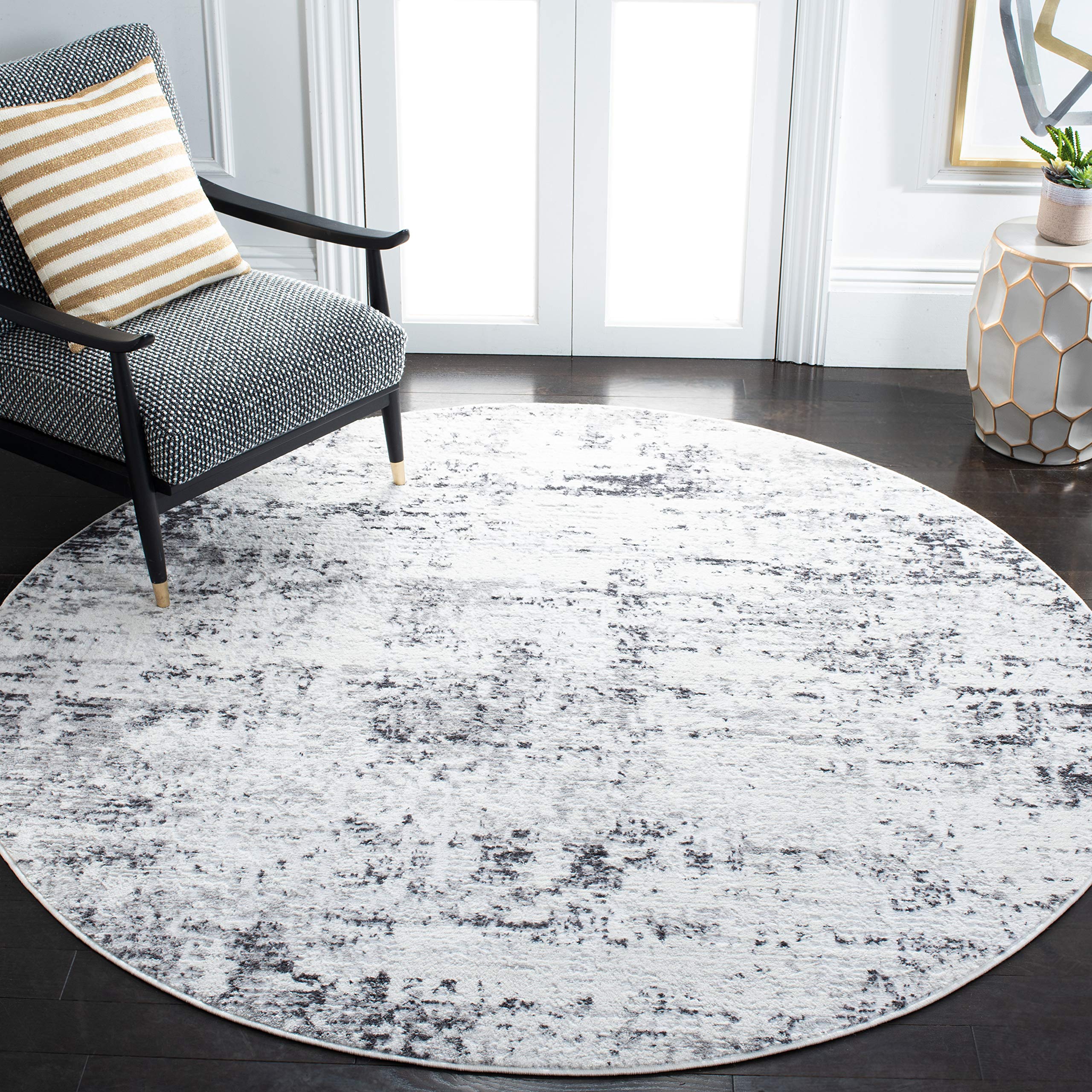 SAFAVIEH Amelia Collection Area Rug - 53 Round, Ivory & Grey, Modern Abstract Design, Non-Shedding & Easy Care, Ideal for High 
