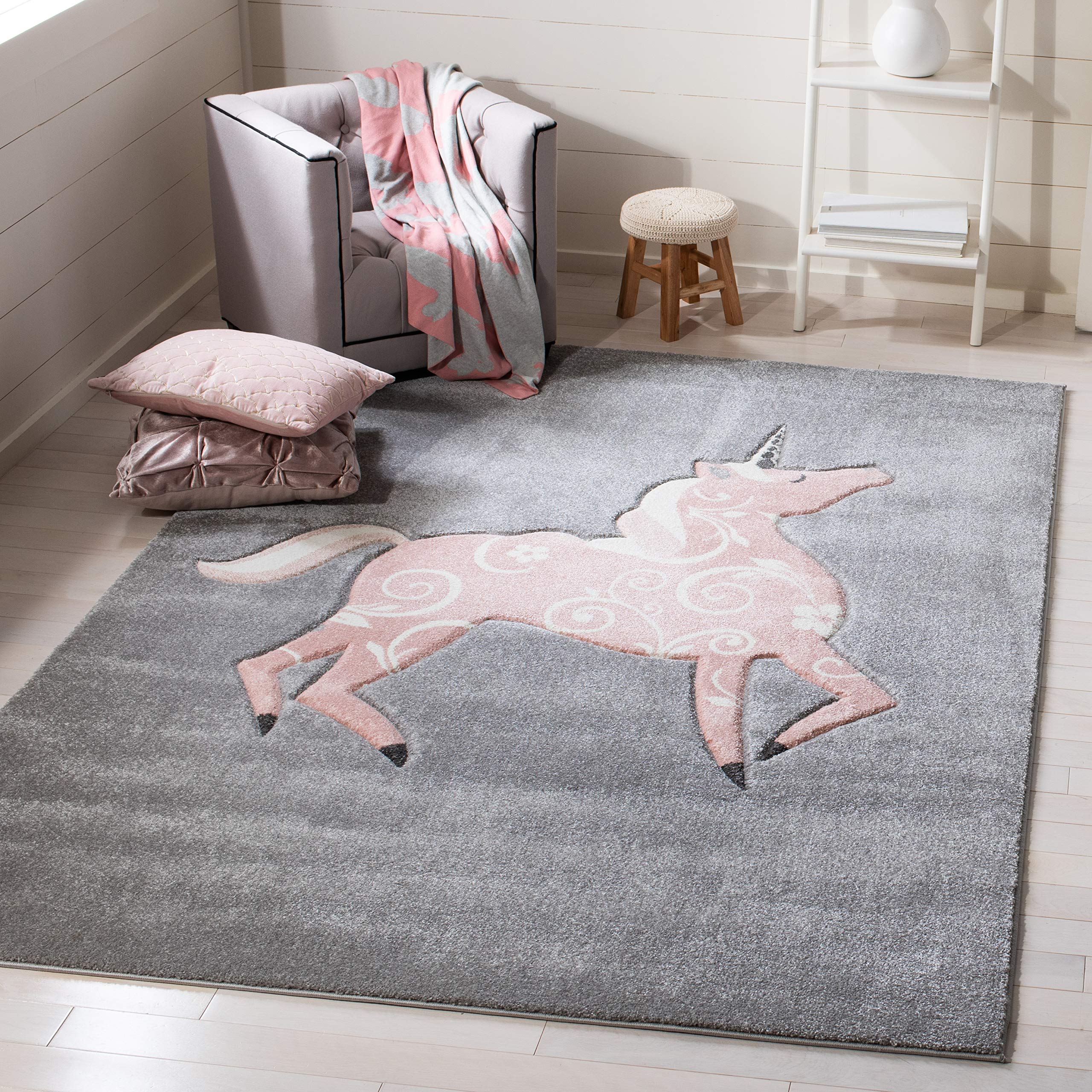 SAFAVIEH Carousel Kids Collection Area Rug - 53 x 76, Grey & Pink, Non-Shedding & Easy Care, Ideal for High Traffic Areas for 