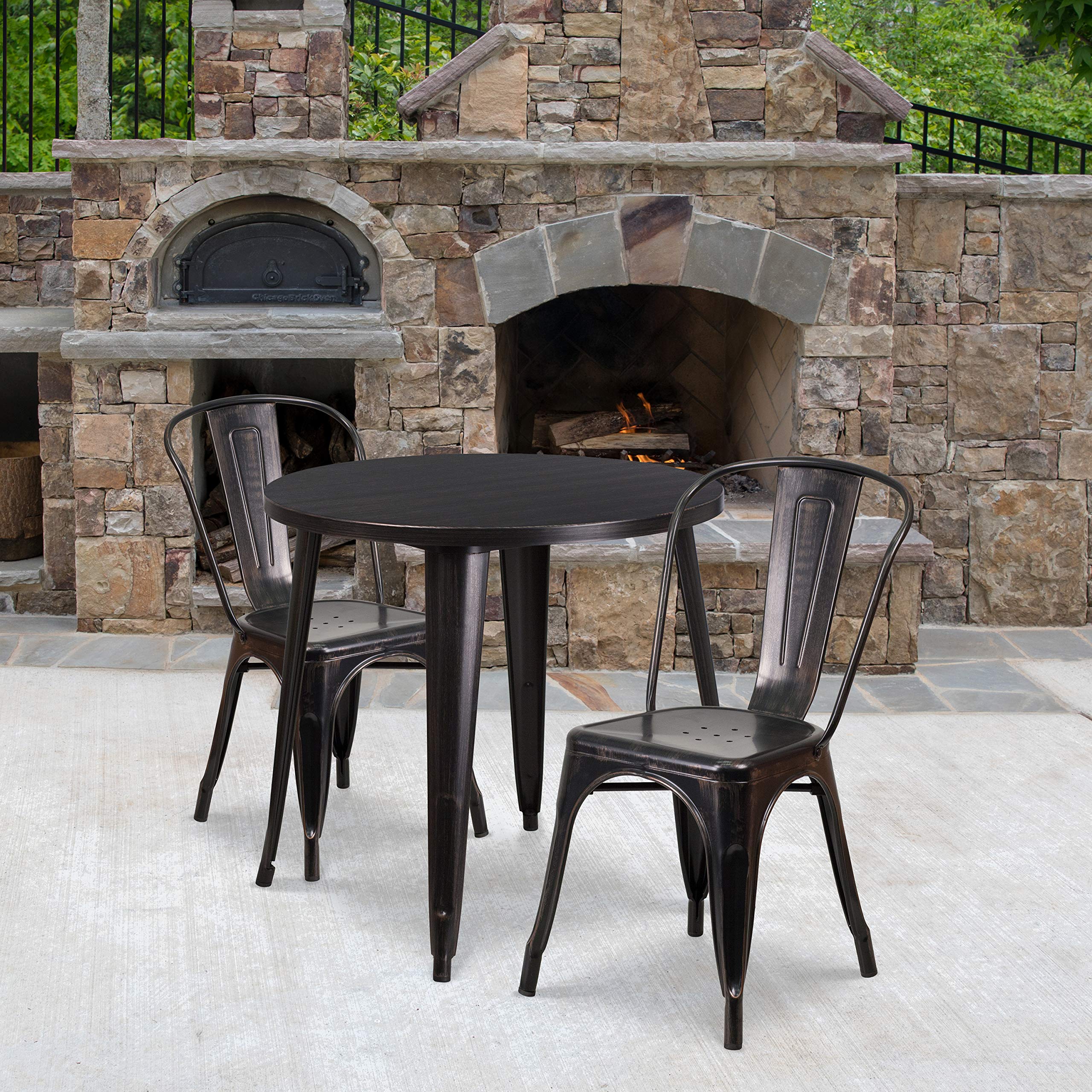 Flash Furniture Commercial Grade 30" Round Black-Antique Gold Metal Indoor-Outdoor Table Set With 2 Cafe Chairs